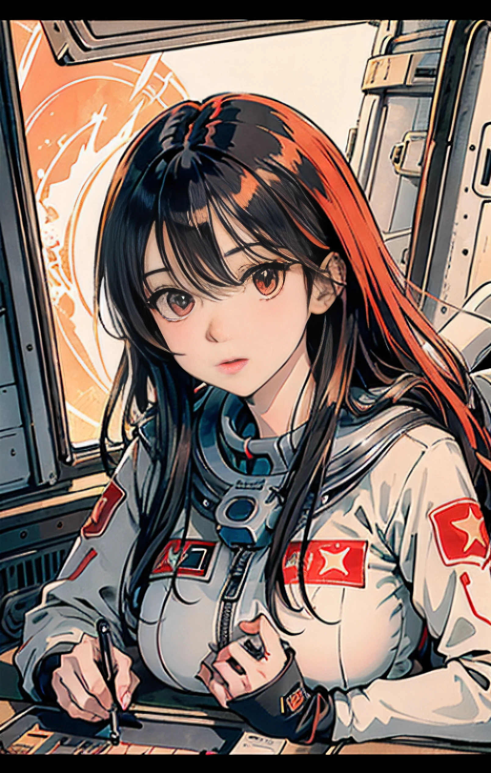 1Girl,flat_pectorals,Cute,Beautiful detailed eyes,shiny hair,You can see it through the hair.,Hair between eyes, CCCPposter, sovietposter,Red monochrome,USSR Poster, soviet,communism,
black_heads,red_eyes,Vampire,teenage,Middle breast,space suit:orange_Clothing_Body:jumpsuit),white_glove, white_space shoes, white_helmet, CCCP red letter on the top of the helmet, zero gravity, sidelit, reflection, The person in the spacesuit is in the lower left corner of the frame, The right hand is outstretched, The right hand gently touches the Salyut space station), Space station in the upper right corner of the screen, Light reflected from the sun, Silver metal,red flag, brilliance,Soviet style, diffuse reflection, Metallic texture, The vista is the blue earth,in mecha style,Sea of Stars,Treble, majestueux