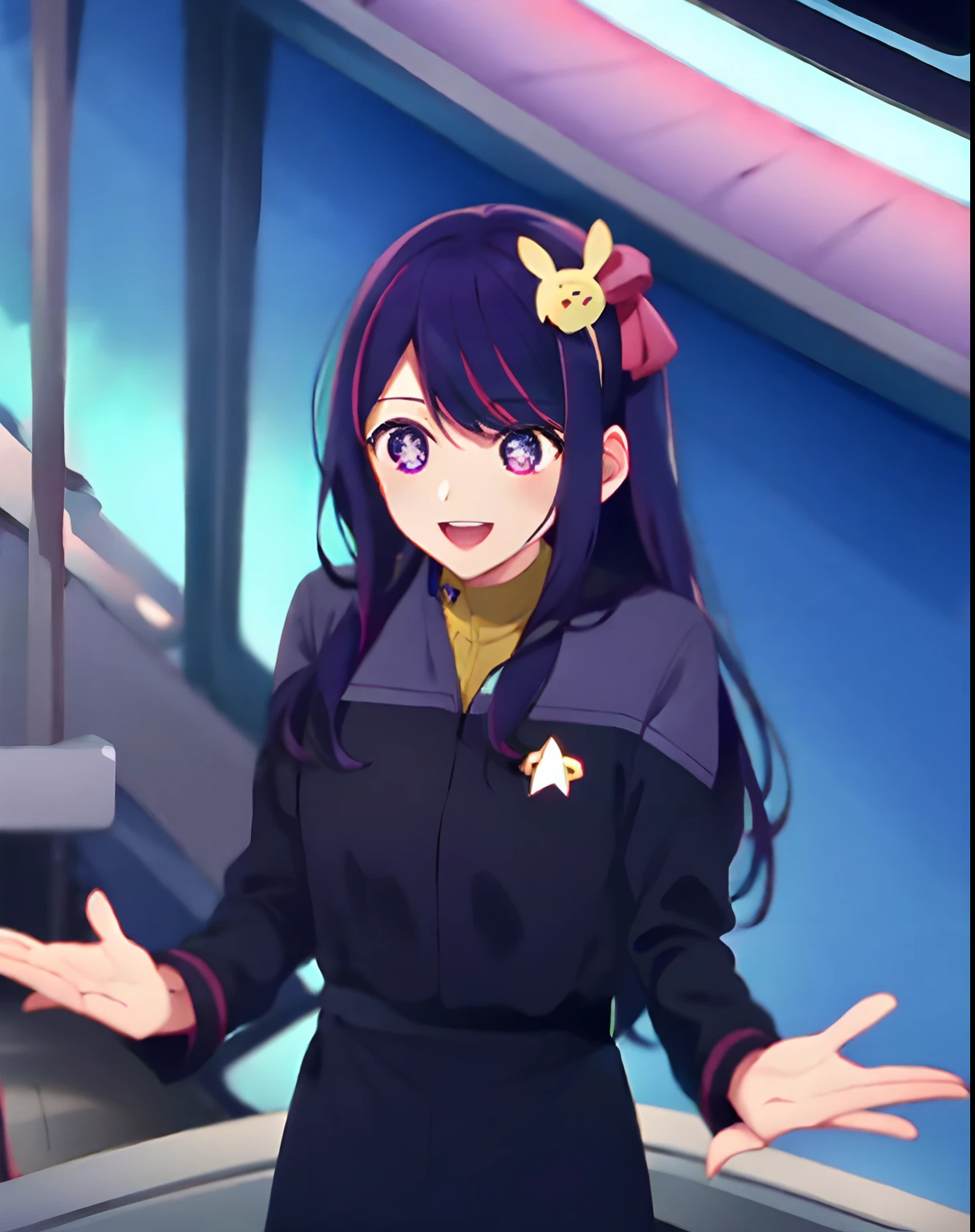 Hoshino Ai, smiling happy long hair, purple hair, streaked hair ,purple eyes, star-shaped pupils, hair ornament, wearing ds9st uniform standing on a federation starsship bridge intiror