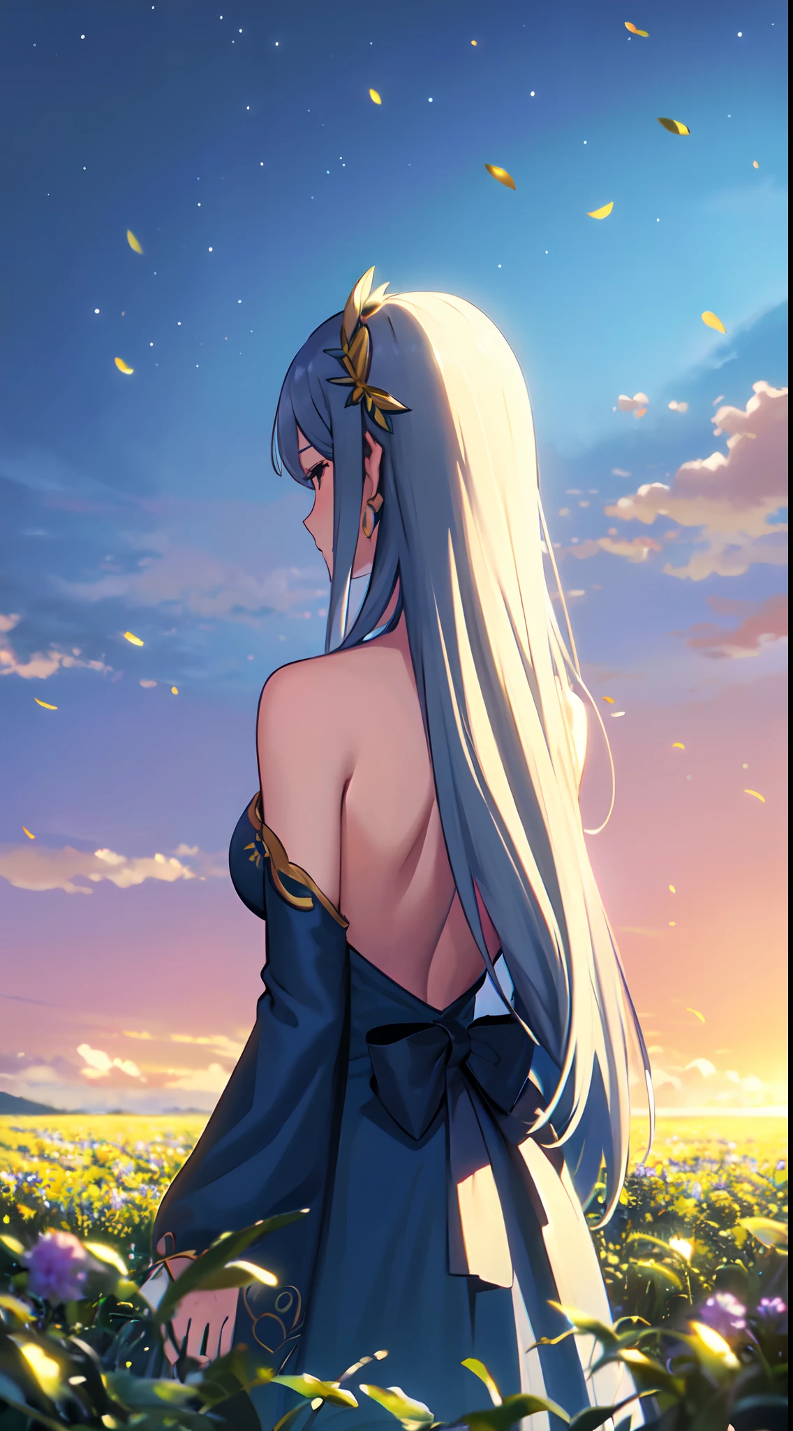 masterpiece, best quality, 1lady, solo, (really long hair), white hair, (flowers hair ornament), earrings, night, Vast sky, beautiful skyline, fireflies, fantasy, off shoulder blue dress, medium bust, night scenery, (behind/back view), wheat field, close up