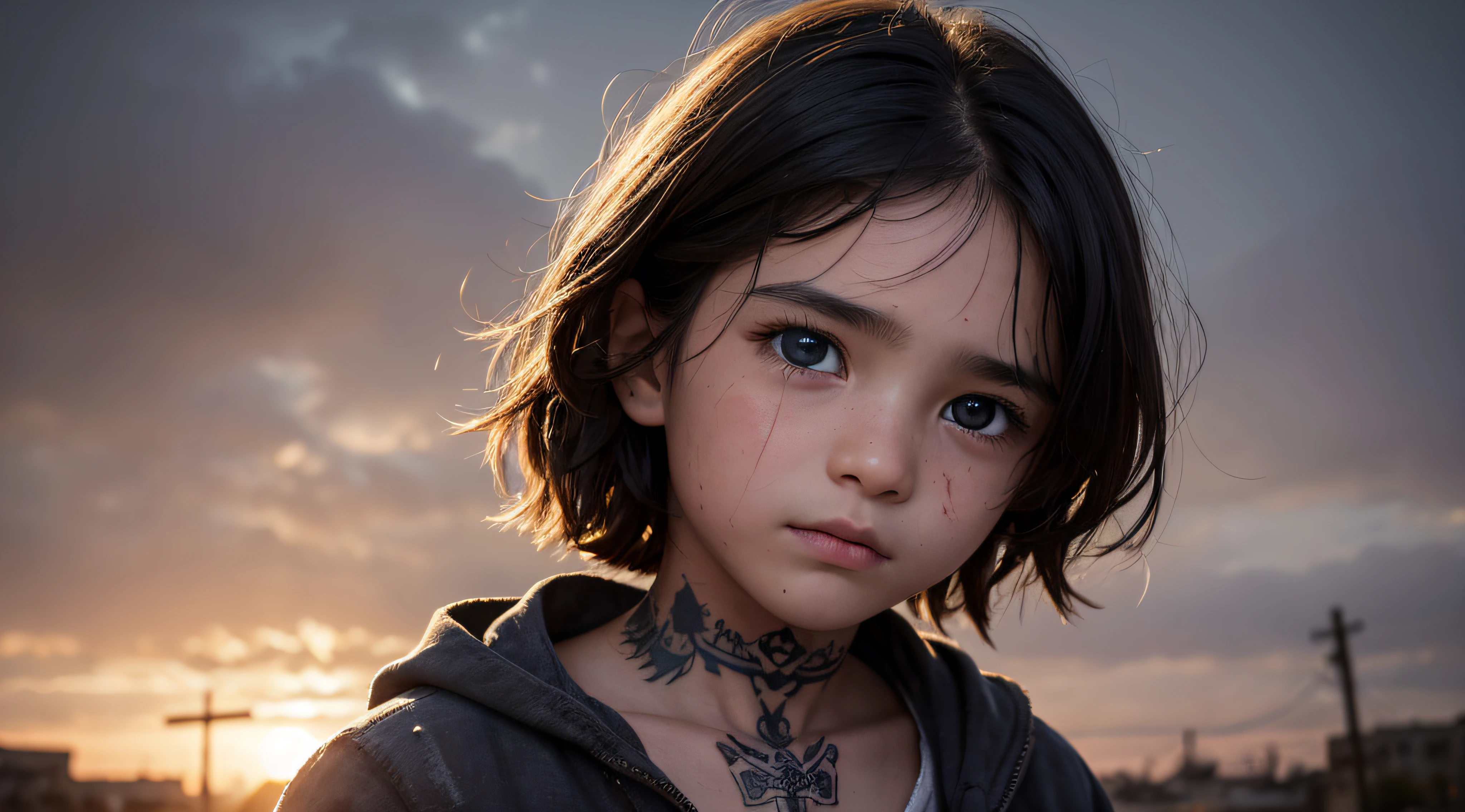 Close-up photograph of a young boy living on a war zone, (Dirty Clothes:1.3), wounds, (sad look:1.3)，1boy, A dark-haired，Wet hair, bangss, Very, Very, hyper detailed face，beautidful eyes，large eyes, Mystical Eyes, Starlight in the pupil of the eye, [skiny]，adolable，Red cheeks，Sad Eyes，It's breathtakingly beautiful.，(goodlooking:1.2), (cute little:1.3), (9 :1.3), (Tattoo on the face:1.3), Catholicism, Christianity, crucifixion,（Rembrandt Lighting），Zeiss Lens，Ultra photo realsisim，（highdetailskin：1.2），8K UHD，digital SLR camera，Dramatic edge light，High Quality，FUJIFILM XT3, dark backgrounds, Destroyed Cities