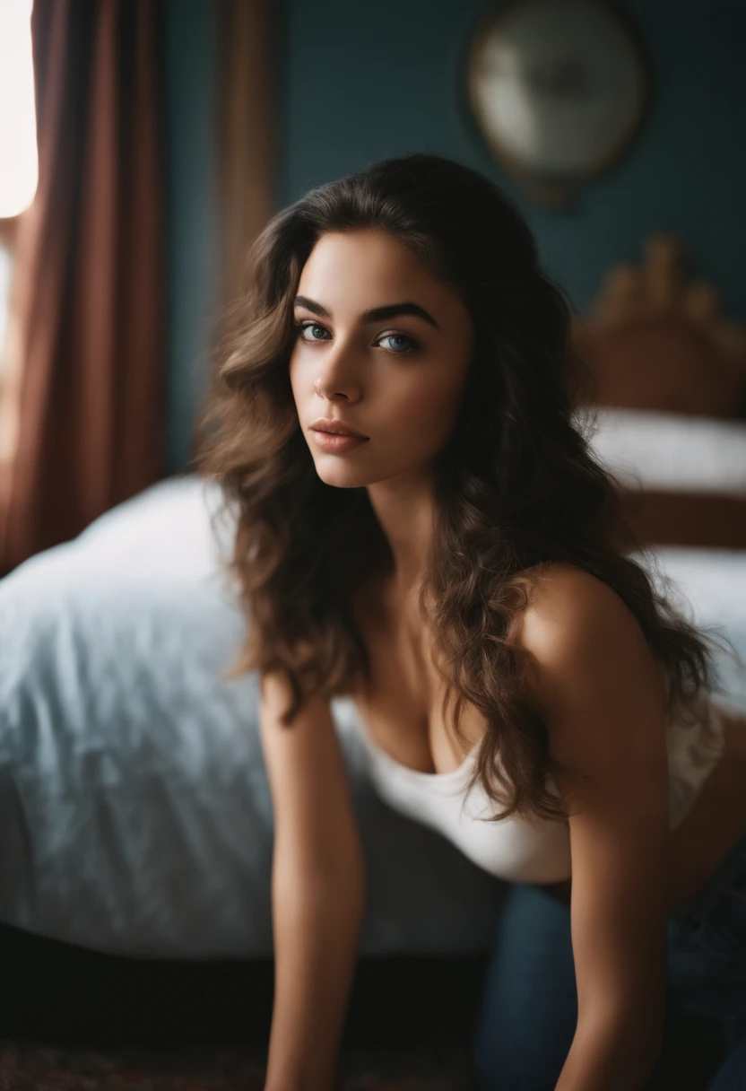 Kodak disposable camera photo of a beautiful 19 year old female, arafed woman fully , sexy girl with blue eyes, ultra realistic, meticulously detailed, portrait sophie mudd, brunette hair and large eyes, selfie of a 19 year old woman, bedroom eyes, violet myers, without makeup, no makeup, looking directly at the camera, face with artgram, stunning full body shot kneeling on bed, in bedroom, medium to large size bust mixed race