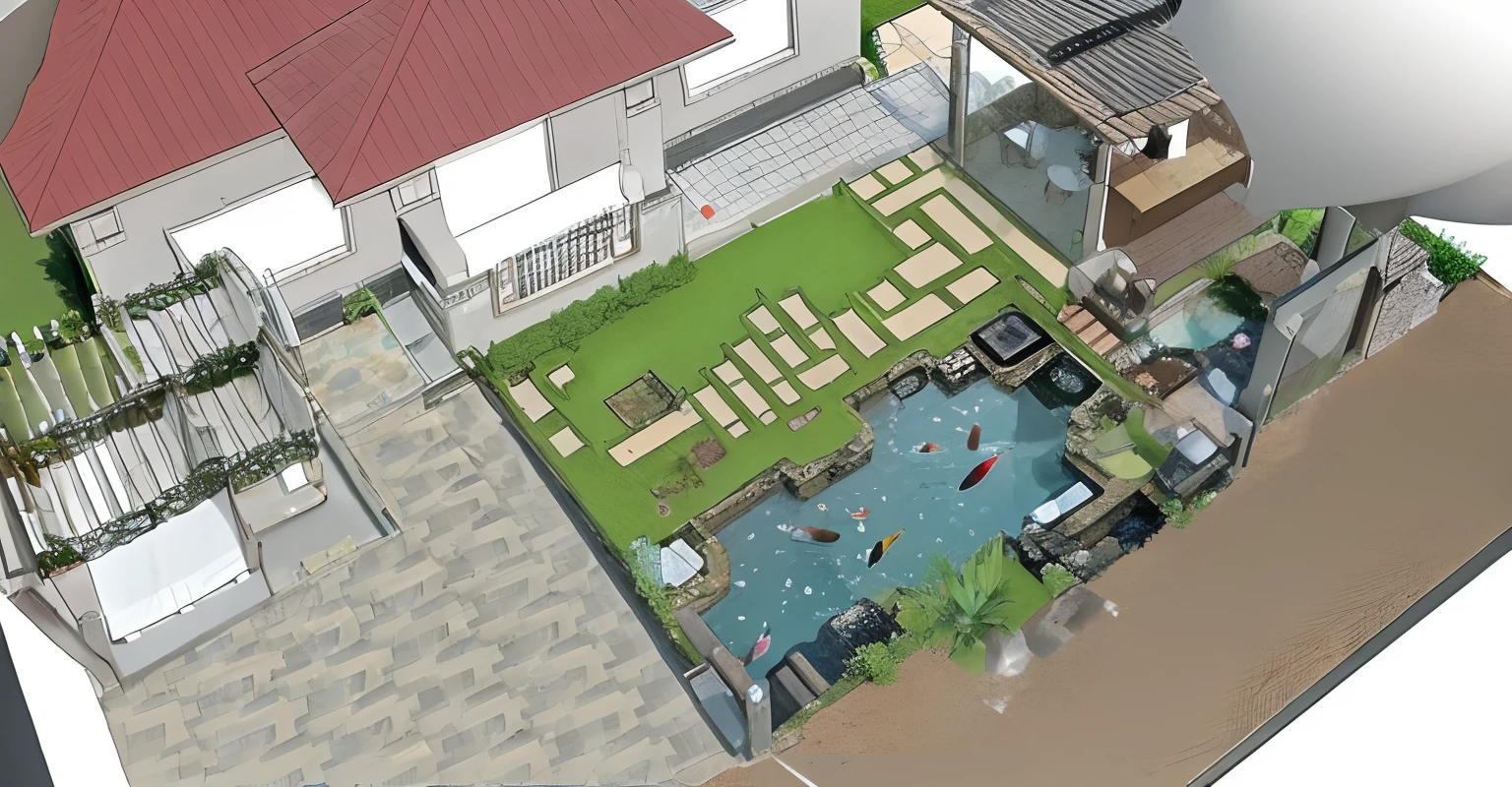 a rendering of a house with a pool and a garden, with a fishpond and courtyard, realistic garden, isometric view!!!!, isometric perspective view, small pond, realistic 3 d style, koi pond, 3 d perspective, 3 d design, 3d design, isometric 3d render, 3 d renders, residential design, birds - eye view