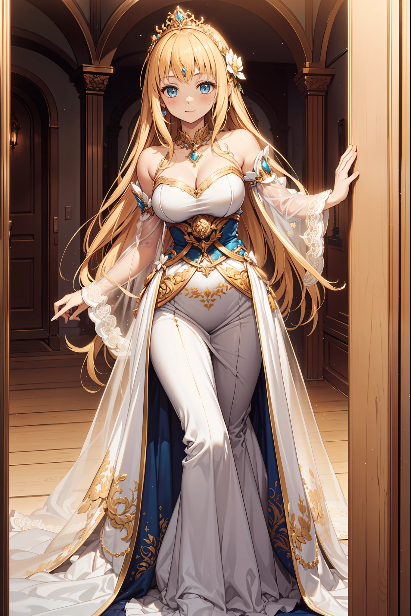 ((Anime art style)),(Masterpiece),(Best quality), (Super detail),((Very delicate and beautiful)),1 girl,((Full body portrait)),Stand at the Palace of Versailles,((Solo)),Digital art,(((1 princess in a gorgeous Rococo Princess ball dress,Wear yours with a voluminous full-length hoop skirt))),crinoline,((Beautiful embroidery and jewelry)),Plump frills,See-through,(Gorgeous embroidery and beautiful lace),((Plenty of straight hair,Extremely fluffy hair,Very long straight hair)),((finely detailed face and eyes)),Extremely gorgeous hair accessories,(Bling gemstones extremely gorgeous crowns),(Gorgeous gemstone jewelry,Sparkling gold),Long veil,(Beautiful background),full bodyesbian,((Gorgeous Rococo princess ball dress,Wide, full-length hoop skirt))