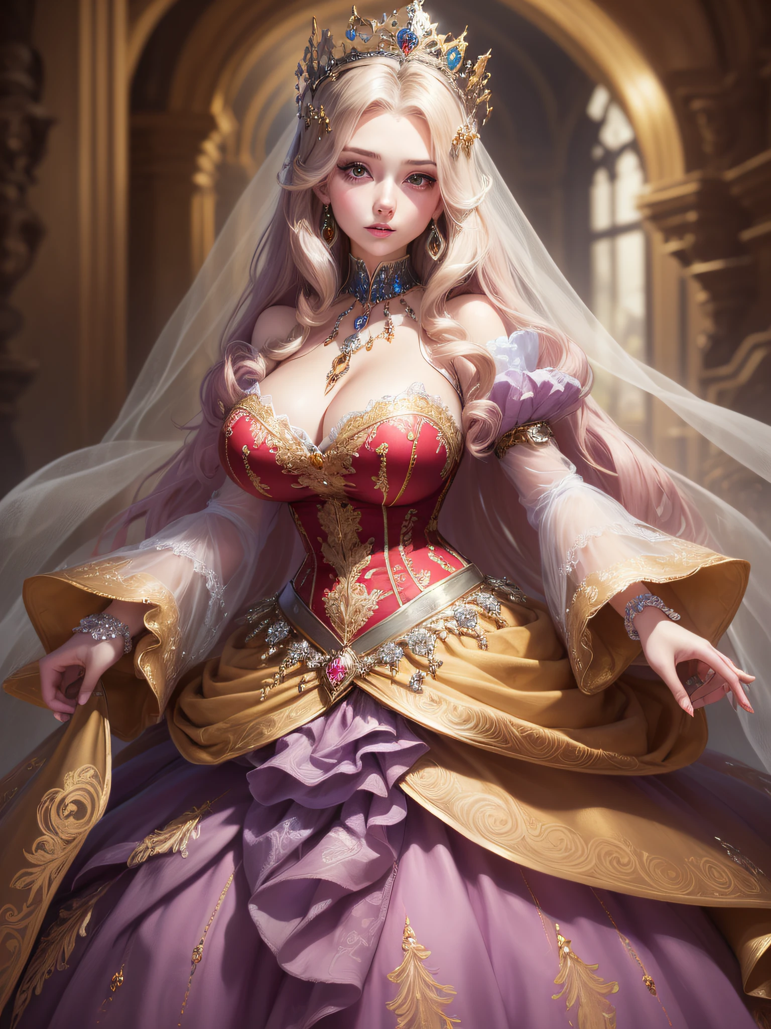 ((anime artstyle)),(Masterpiece),(Best Quality), (Super Detail),((Very Delicate and Beautiful)),cinematic lighting,1 lady,((full body portrait)),((standing in garden)),((solo)),(((1 princess in beautiful embroidery and jeweled extremely gorgeous princess rococo ballgown with voluminous full length hoop skirt))),((crinoline)),long train,((beautiful embroidery and jeweled)),voluminous frills,See-through,(gorgeous embroidery and beautiful lace),(((extremely gigantic tits,skindentation))),cleavage,((large amount of straight hair,extremely voluminous Hair,Very Long Straight Hair)),(finely detailed face and eyes),clear pupil,extremely gorgeousfull hair ornament,(bling-bling jeweled extremely gorgeousfull tiara),(bling-bling gorgeous gemstone jewelry),long veil,(beautiful background),(full body),((beautiful embroidery and jeweled extremely gorgeous princess rococo ballgown with voluminous full length hoop skirt))