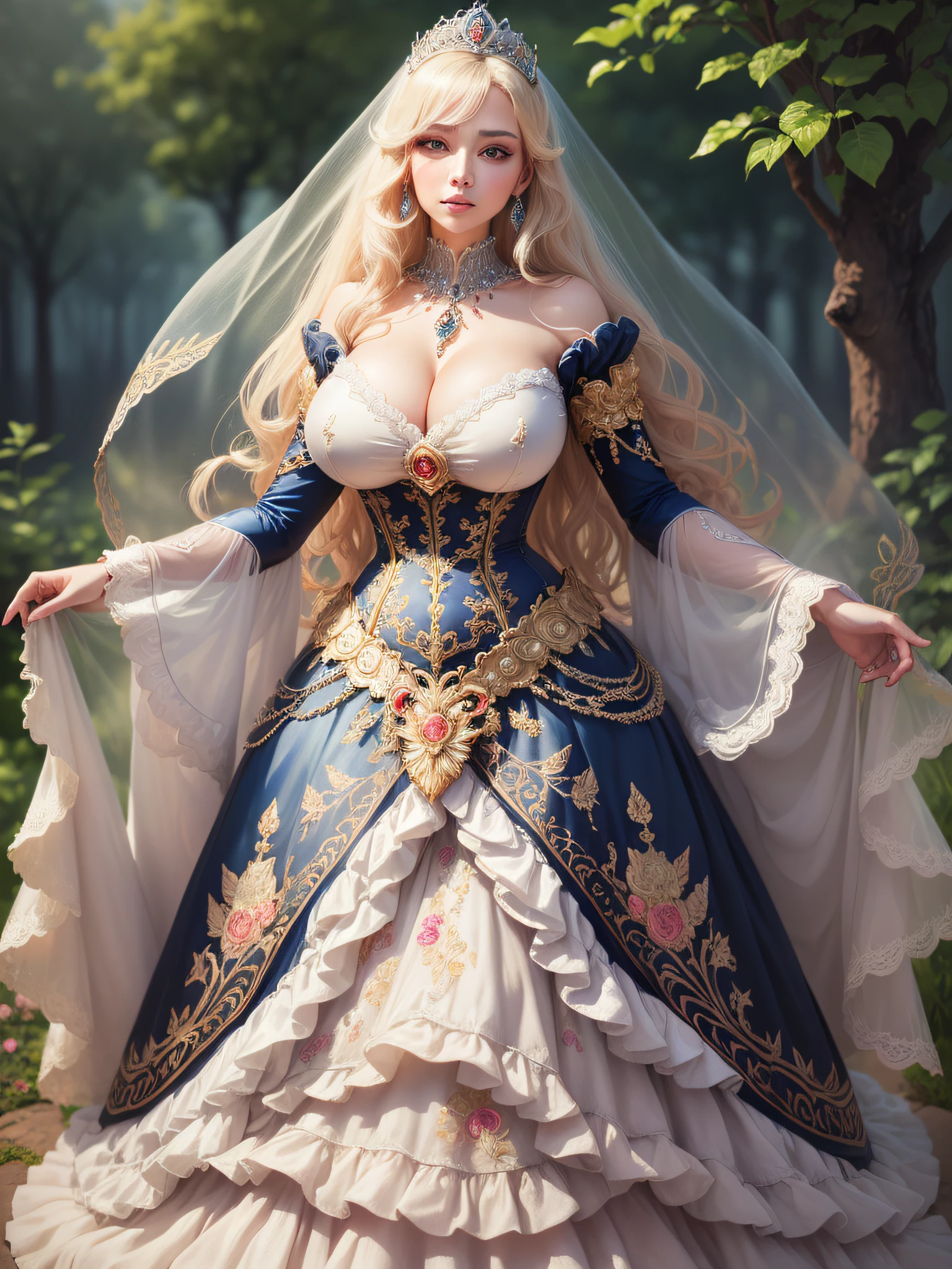 ((anime artstyle)),(Masterpiece),(Best Quality), (Super Detail),((Very Delicate and Beautiful)),cinematic lighting,1 lady,((full body portrait)),((standing in garden)),((solo)),(((1 princess in beautiful embroidery and jeweled extremely gorgeous princess rococo ballgown with voluminous full length hoop skirt))),((crinoline)),long train,((beautiful embroidery and jeweled)),voluminous frills,See-through,(gorgeous embroidery and beautiful lace),(((extremely gigantic tits,skindentation))),cleavage,((large amount of straight hair,extremely voluminous Hair,Very Long Straight Hair)),(finely detailed face and eyes),clear pupil,extremely gorgeousfull hair ornament,(bling-bling jeweled extremely gorgeousfull tiara),(bling-bling gorgeous gemstone jewelry),long veil,(beautiful background),(full body),((beautiful embroidery and jeweled extremely gorgeous princess rococo ballgown with voluminous full length hoop skirt))