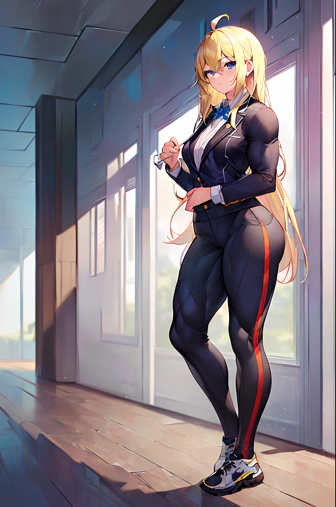 ((masterpiece)), (((best quality))), ((ultra-detailed)), ((illustration)), ((long hair)), ((1 girl)), (solo), full body, (((muscular:1.2))), beautiful detailed eyes, hairs between eyes, ((medium breasts)), detailed clothes, ((blonde hair)), blue eyes, ahoge, (muscular girl), (((wearing a sports jacket))),(pants),(loose clothes),loose pants,((tall and strong)),