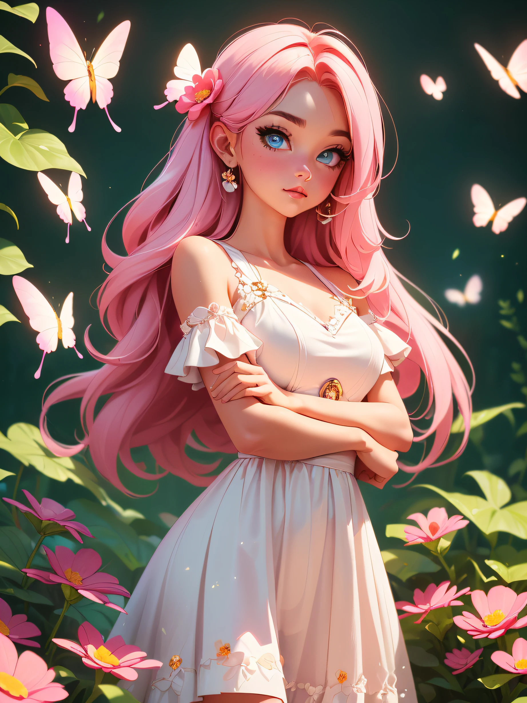 ((a close body portrait of a cute beautiful girl)), ((enjoying her time at the colorful flower garden)), ((she wears a long white dress)), ((long light pink straight hair), (blue eyes) and (1 flower on her right ear)), ((the area is filled with colorful flowers and colorful butterflies)), capture her beauty and the scene in an expression style, high quality, best quality, best lighting effects, 8K, HD