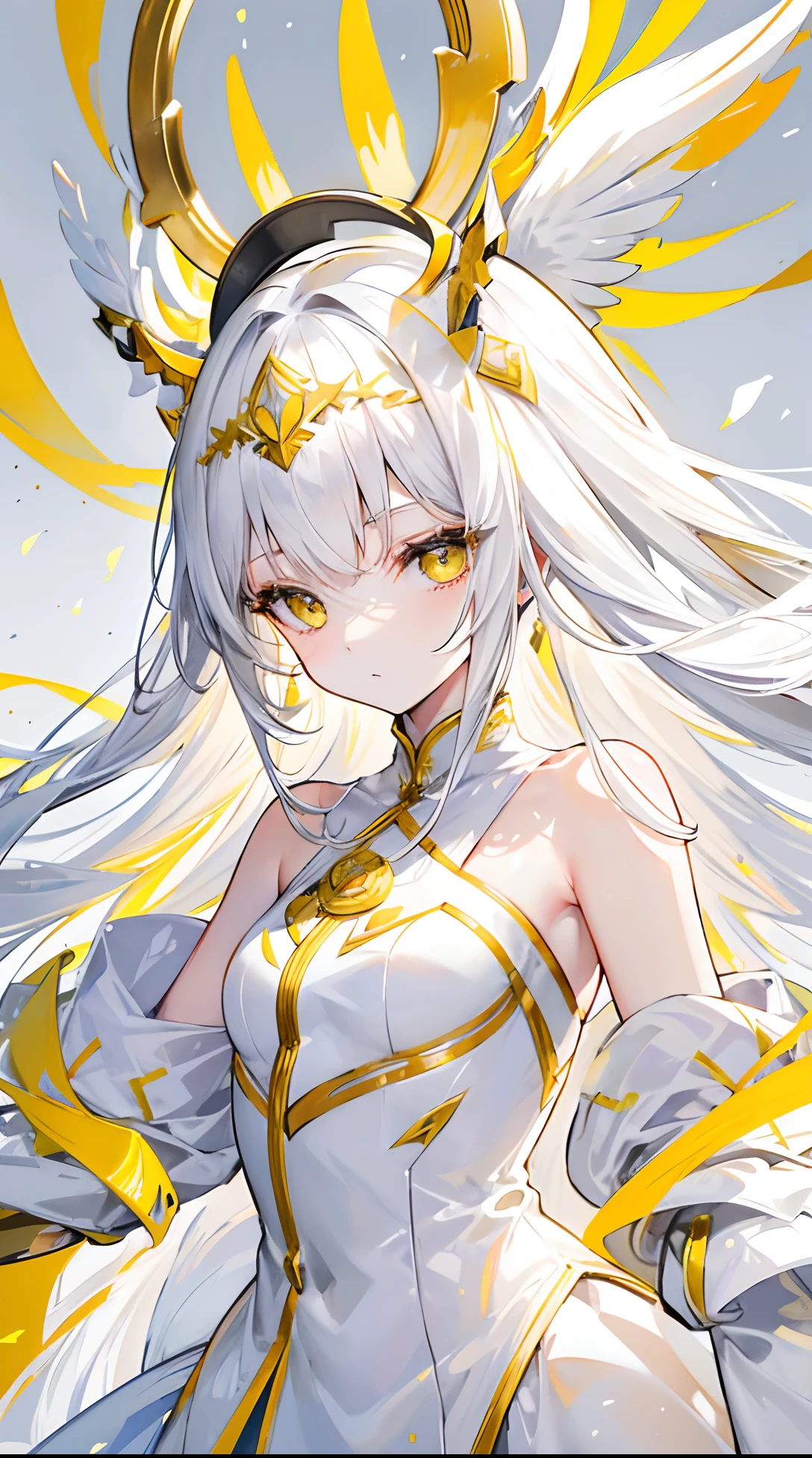 Yellow-white hair covered her long face like a helmet，Make his long face look like a small one，Lovely white clothes，It complements a variety of shades of yellow，There is a delicate makeup，shining face，Exquisite，Brilliant，Golden eyes，Feel like a sweet girl