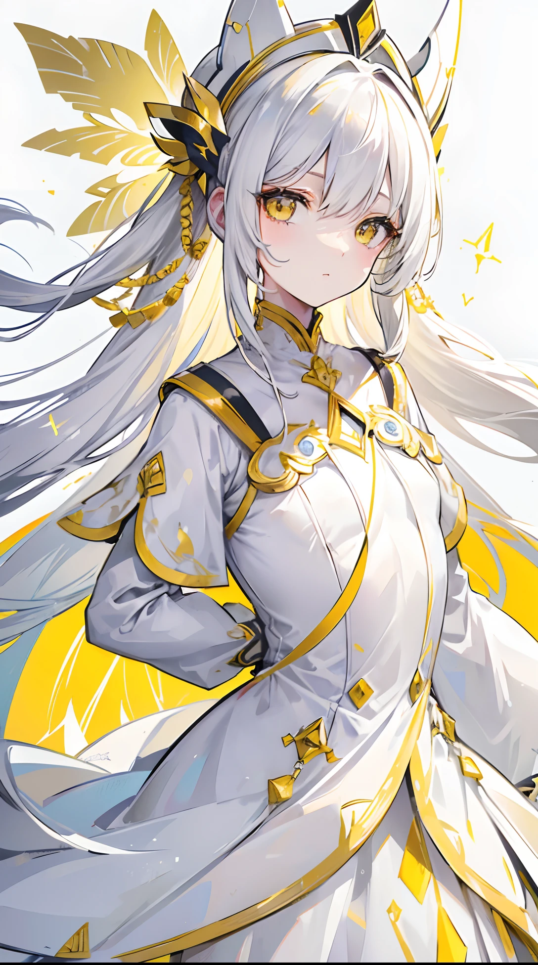 Yellow-white hair covered her long face like a helmet，Make his long face look like a small one，Lovely white clothes，It complements a variety of shades of yellow，There is a delicate makeup，shining face，Exquisite，Brilliant，Golden eyes，Feel like a sweet girl