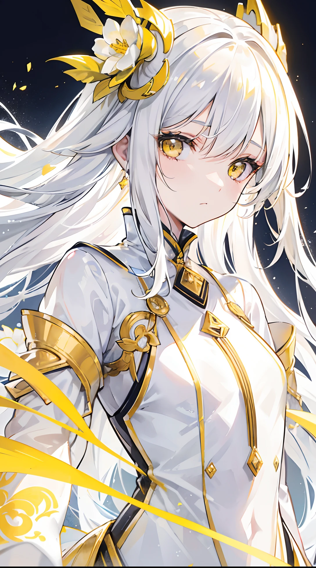 Yellow-white hair covered her long face like a helmet,Make his long face look like a small one,Lovely white clothes,It complements a variety of shades of yellow,There is a delicate makeup,shining face,Exquisite,Brilliant,Golden eyes,Feel like a sweet girl