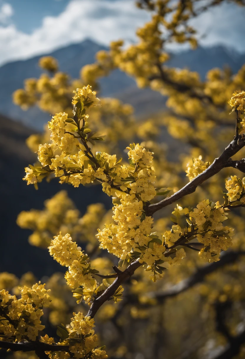 Laurel branches，Shot at a 15-degree elevation angle for medium and close ranges，petals，Osmanthus flowers flying，Top daylight，Refreshing style，Snowy mountains in the distance，Ultra-clear image quality