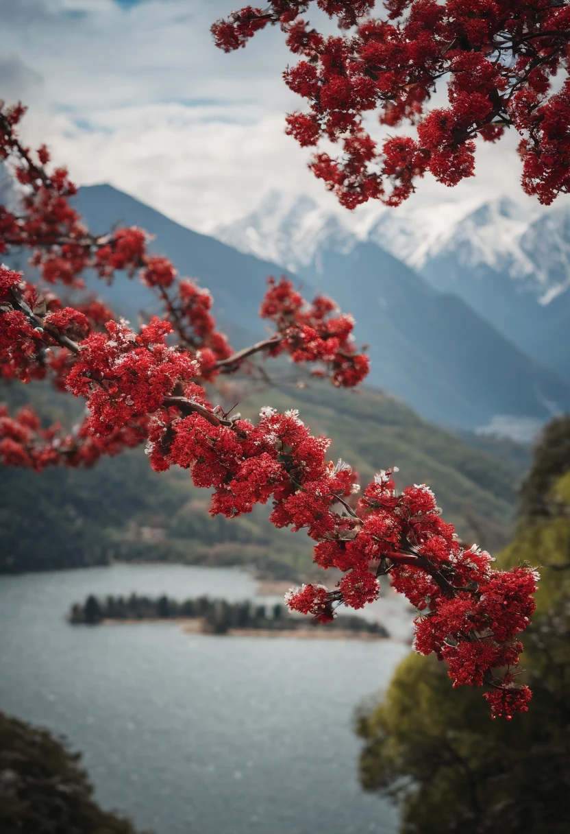 Laurel branches，Shot at a 15-degree elevation angle for medium and close ranges，petals，Osmanthus flowers flying，Top daylight，Refreshing style，Snowy mountains in the distance，Ultra-clear image quality