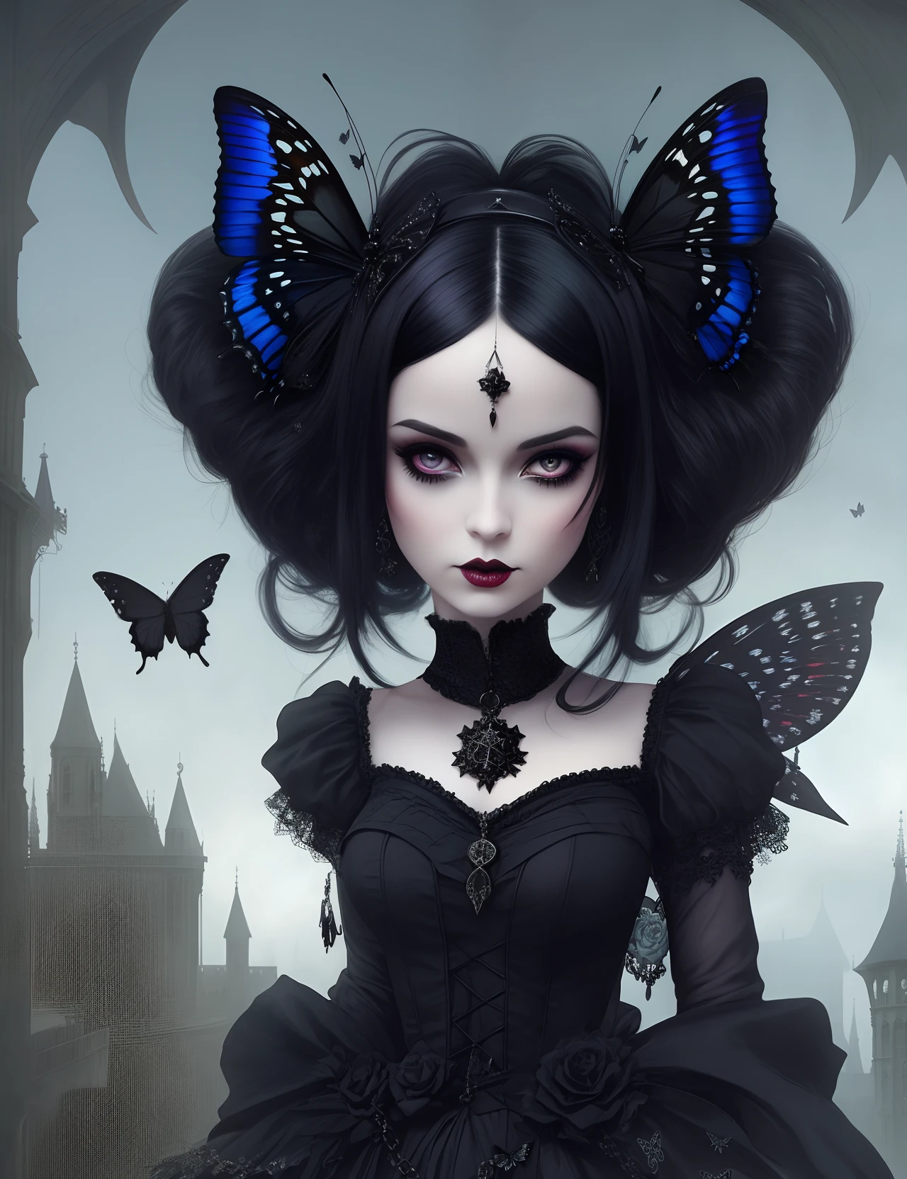gothic gothic girl with black hair and butterflies in her hair, gothic art, gothic art style, natalie shau tom bagshaw, artstyle tom bagshaw, gothic fantasy art, dreamy gothic girl, lori earley, gothic girl, victorian goth, gothic aesthetic, gothic, tom bagshaw artstyle, natalie shau, style of tom bagshaw, gothic fantasy Christmas whimsy goth