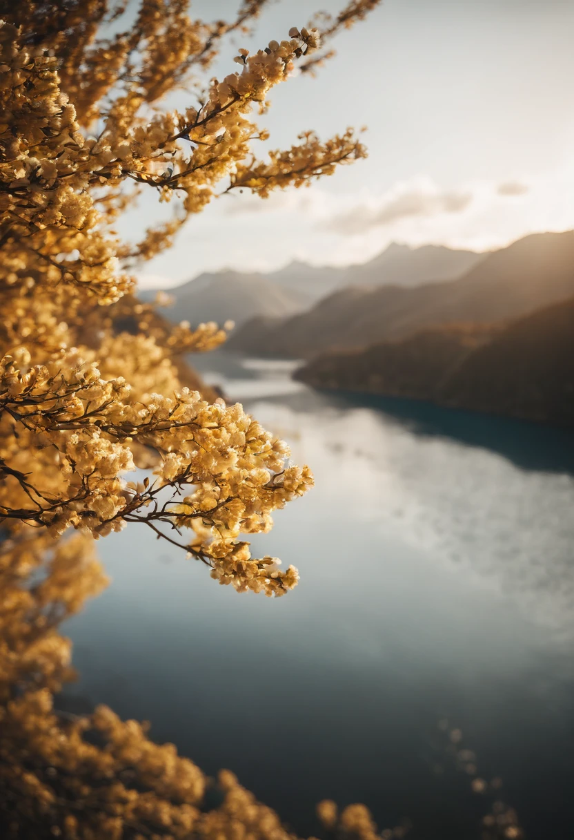 Laurel branches,Shot at a 15-degree elevation angle for medium and close ranges,petals,Osmanthus flowers flying,Top daylight,Refreshing style,Snowy mountains in the distance,Ultra-clear image quality