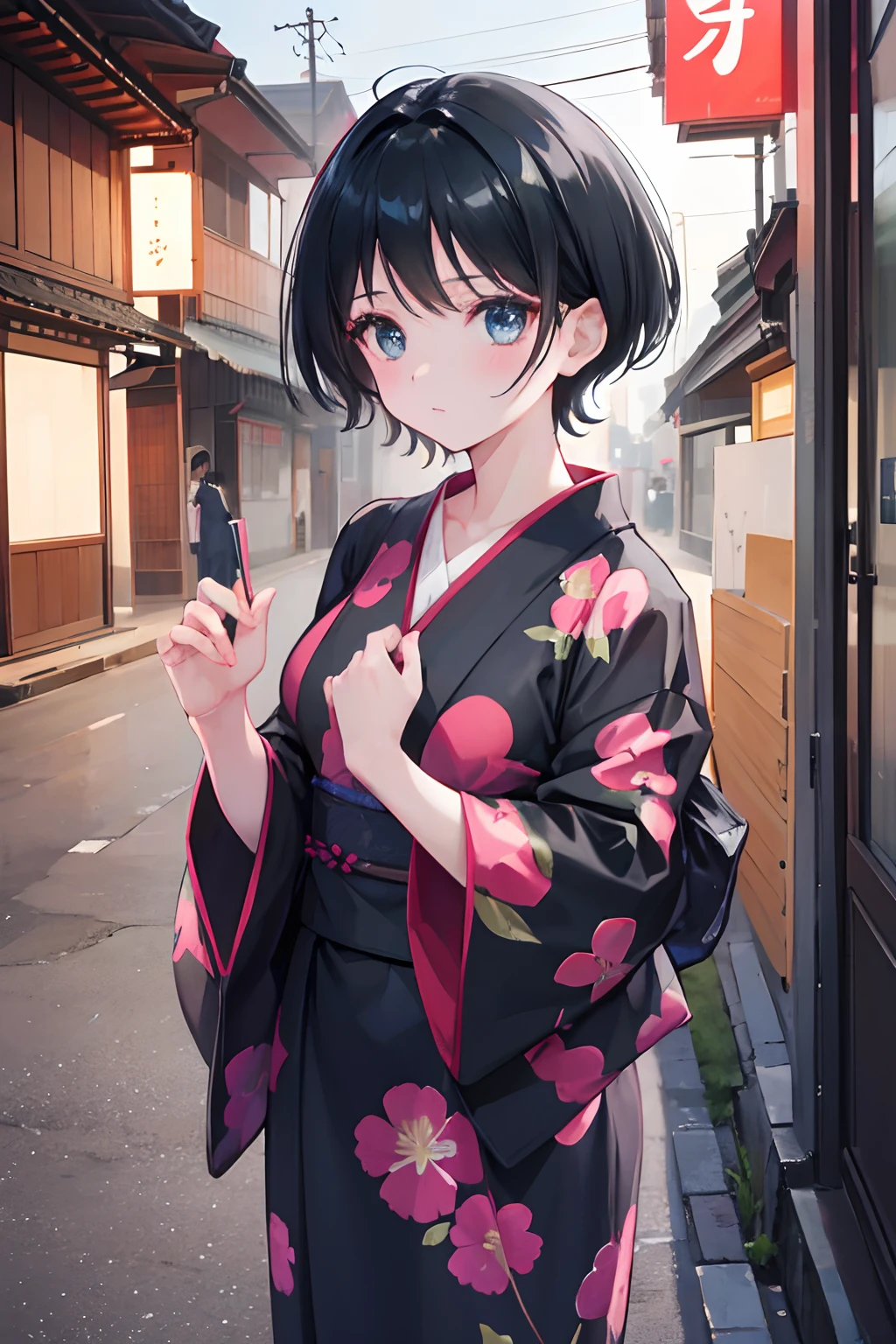 1 beautiful girl , short black hair, clothes yukata , city japan , absurdres, highres, ultrasharp, 8K, masterpiece, looking at viewer