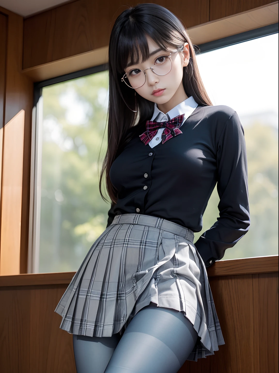 Beautiful detailed girl, very detailed eyes and face, beautiful detailed eyes, (full body), 1girl, , long hair, side split, (with glasses), (perfect body 1.3) ((dynamic pose) (stockings), (hip skirt), super detailed, high resolution, best quality, masterpiece, illustration, fine details, masterpiece, CG uniform 8k wallpaper, movie lighting,