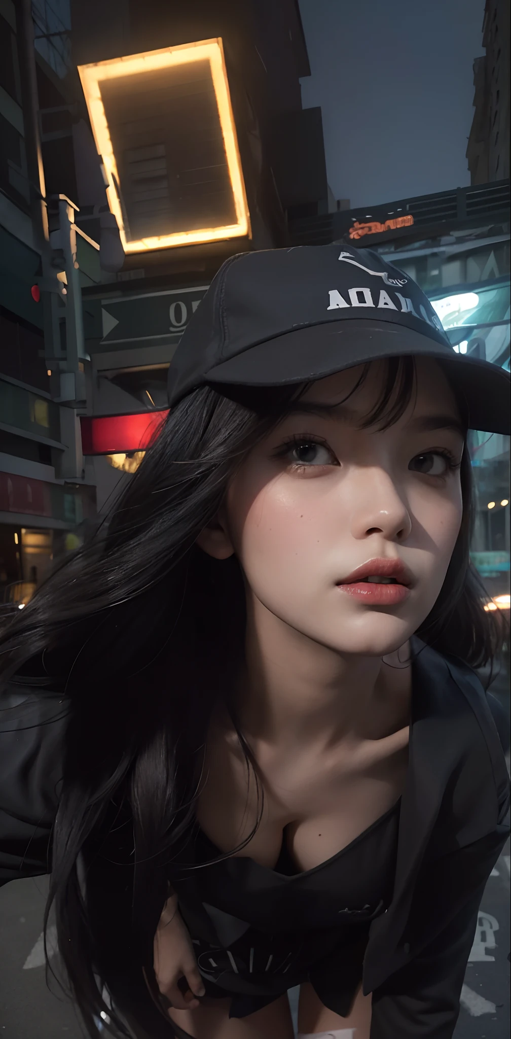 Best quality, masterpiece, ultra high res, (photorealistic:1.4), raw photo, (perfect body shape), dynamic pose, 1girl, waist up, solo, school uniform, in the dark, night, on the street, deep shadow, low key, cold light 12000K