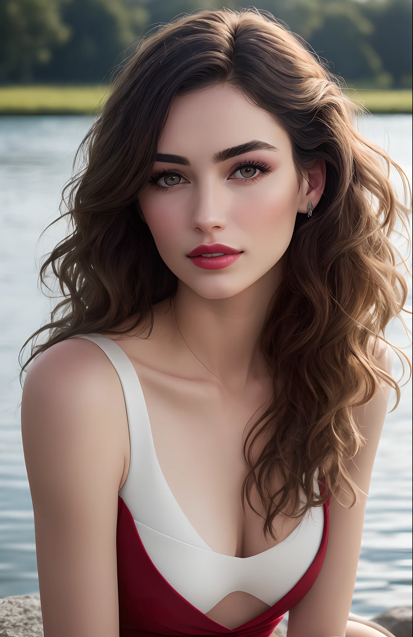 This image features a young woman with long, Dark Brown hair with ash-blonde highlights. She is wearing a red dress sitting on a stone near a lake Her eyes are open  and she has full lips that have been lightly coated with lipstick. She is a beautiful young woman in her 20s. She is natural beauty. Her eyebrows are well-defined and her eyelashes appear to be curled upwards, giving her an alluring look. She is wearing a natural makeup with a white dress Her layered hair cascades down past her shoulders in soft waves, framing her face perfectly. The overall effect is one of beauty and grace - this portrait captures the essence of youthfulness while still maintaining a sense of sophistication, well detailed face, eyes, nose and mouth, ultra realistic image,Hyper realistic looking image, with a natural sunlight