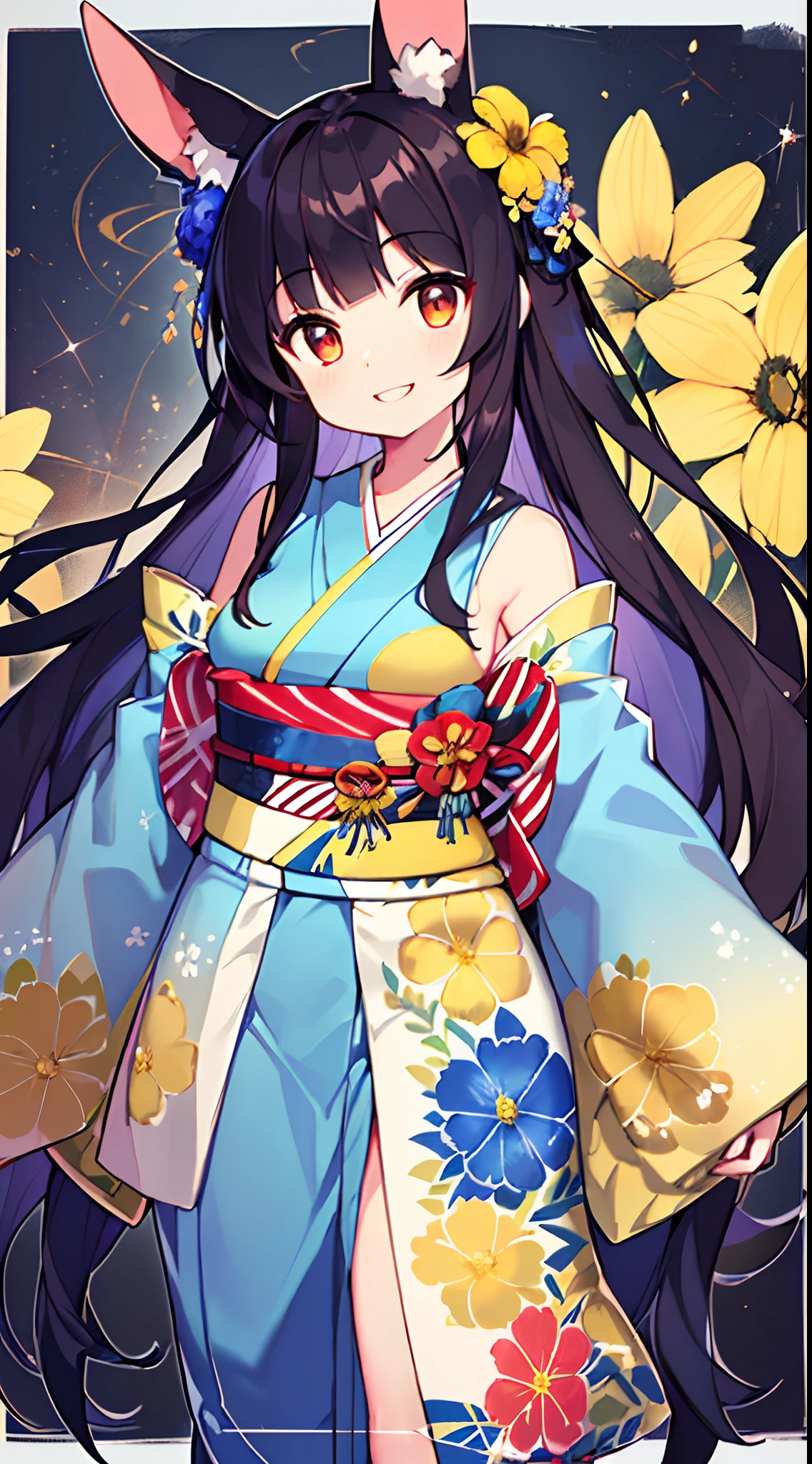 (top-quality:1.5), (masterpiece:1.5)、Beauty alone、18year old、Medium chest、(Cheerful smile:1.5)、Mouth open、(Red Eyes)、(A dark-haired:1.2)、((Straight hair))、(Longhaire:1.5)、(Blunt bangs)、fake rabbit ears、(Blue kimono with yellow flower pattern:1.5)、(White inner:1.2)、frilld、Long sleeves、Light from above、(darkness:1.5)、Futomo、White knee socks、FULL BODYSHOT、off shoulders、sideboob、(Standing:1.5)、black backgrounds、Red Flower Hair Ornament