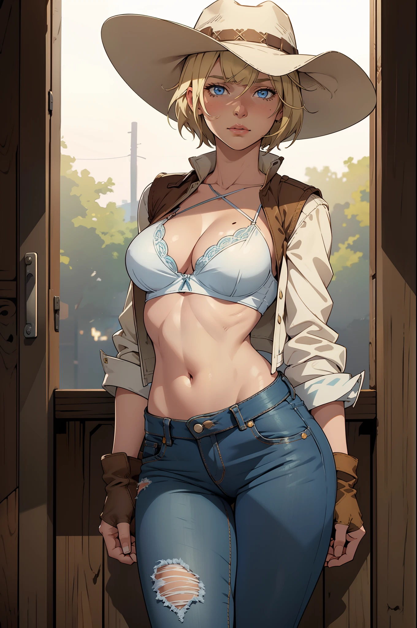 1girl, cowboy hat, white bra, green vest, no sleeve, navel, blue jeans, brown boots, fingerless gloves, short hair, blonde hair, parted bangs, blue eyes, mole under right eye, american old west, best quality, masterpiece