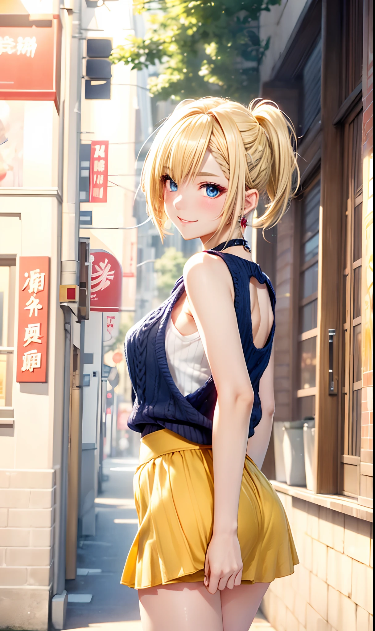 absurderes, ultra-detailliert,bright colour, extremely beautiful detailed anime face and eyes, (独奏:1.6),(short twin-tailed blonde hair:1.6), Shiny hair, Delicate beautiful face, red blush,(Deep Blue Eyes:1.4 ) White skin, hair clips, earrings, a necklace,(Sleeveless knitwear:1.3),The bra is slightly visible,(Barbary skirt:1.3) (nightcity:1.3),Bustling street、Happy smile:1.5)