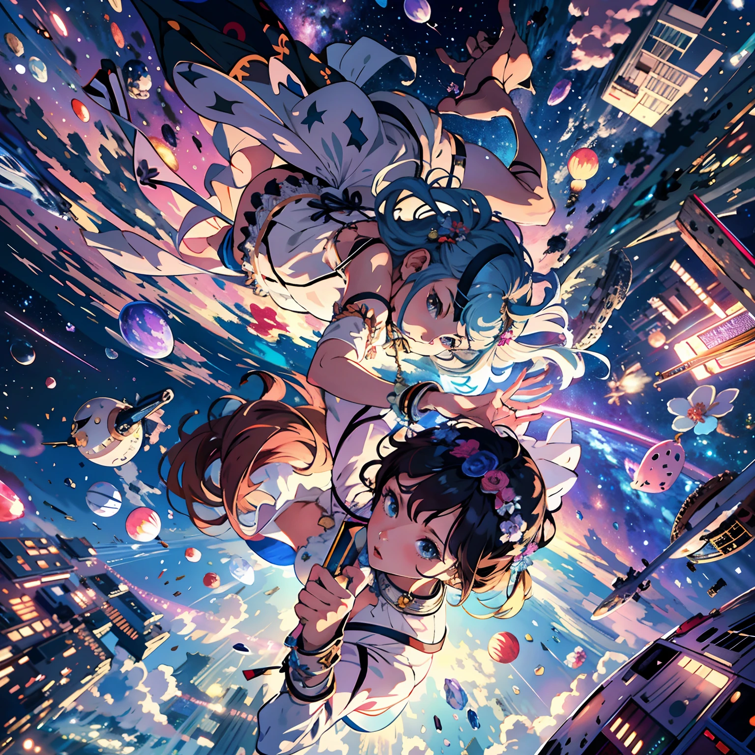 Ridiculous resolution, A high resolution, (Masterpiece:1.4), ultra - detailed, 1girll, 1boys,looking from above, the space, afloat, --v 6