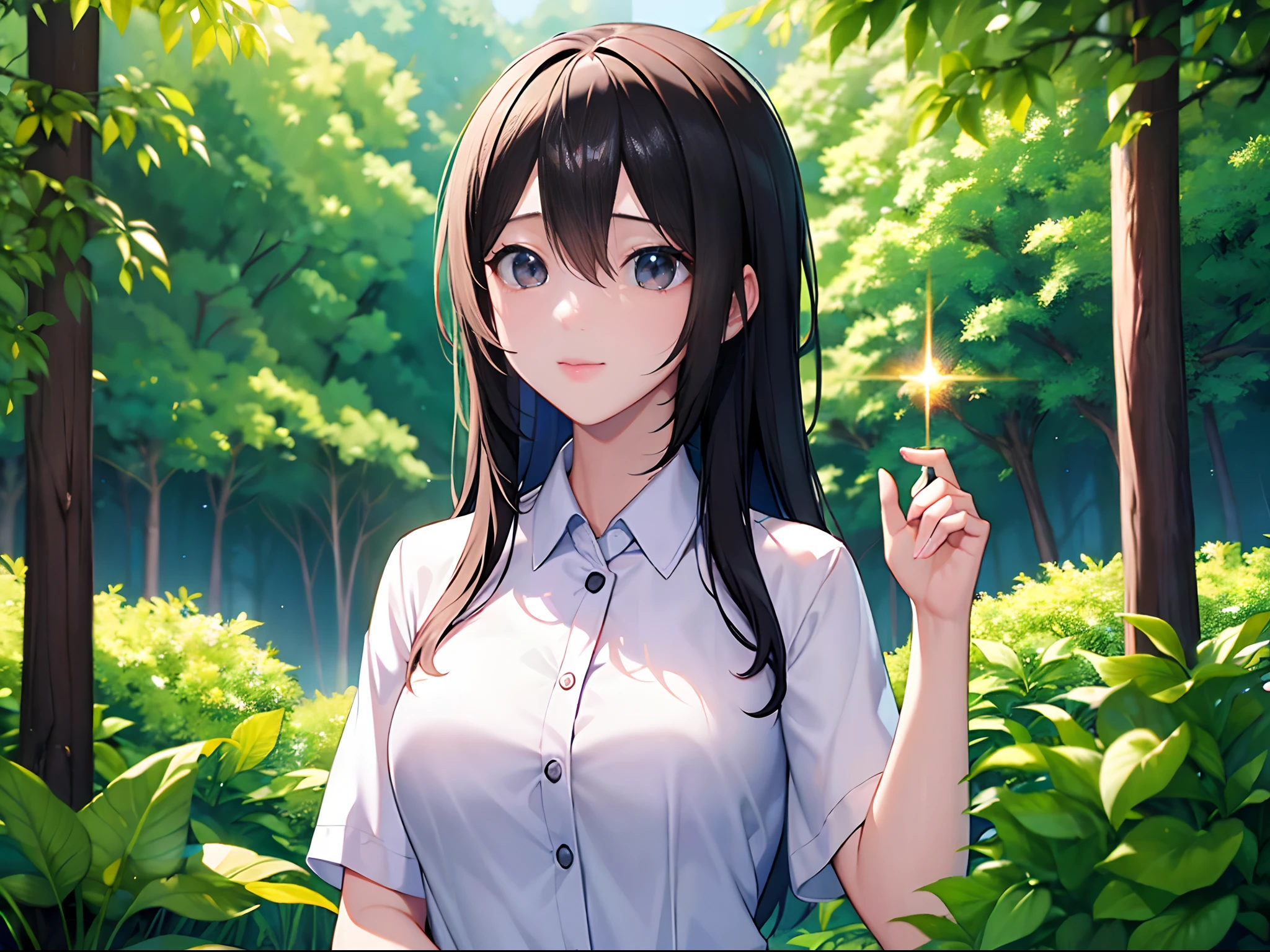 female students falling asleep in the forest, summer uniform, sharp focus, 8k, perfect composition, trending on art station, award-winning photograph, cinematic smooth, intricate detail, highly detailed, from below, splash, fractal art, god ray, rainbow,
