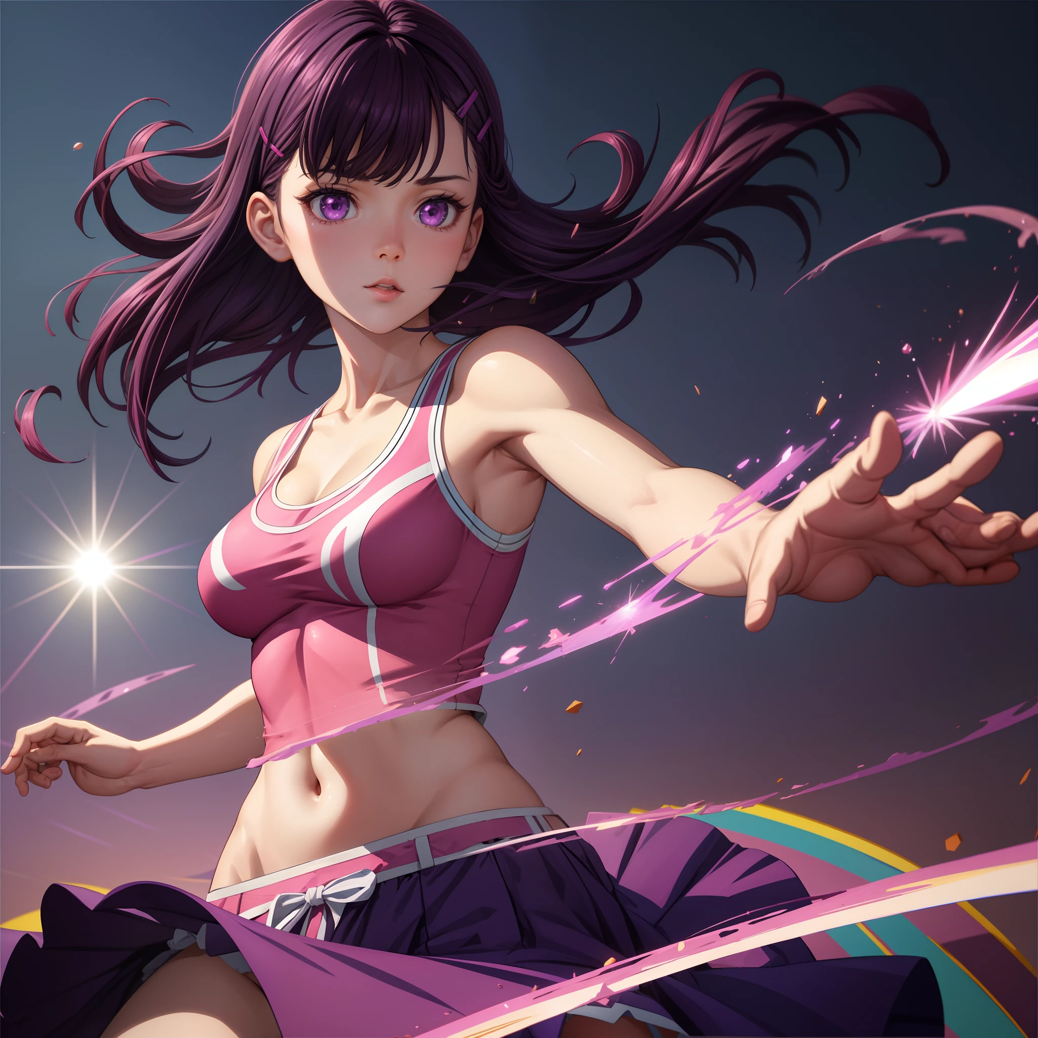 best quality, realistic, 1girl, focused upper body, short dark purple hair, hair clip, purple eyes, standing pose, pink tanktop and skirt, purple rays and particles background
