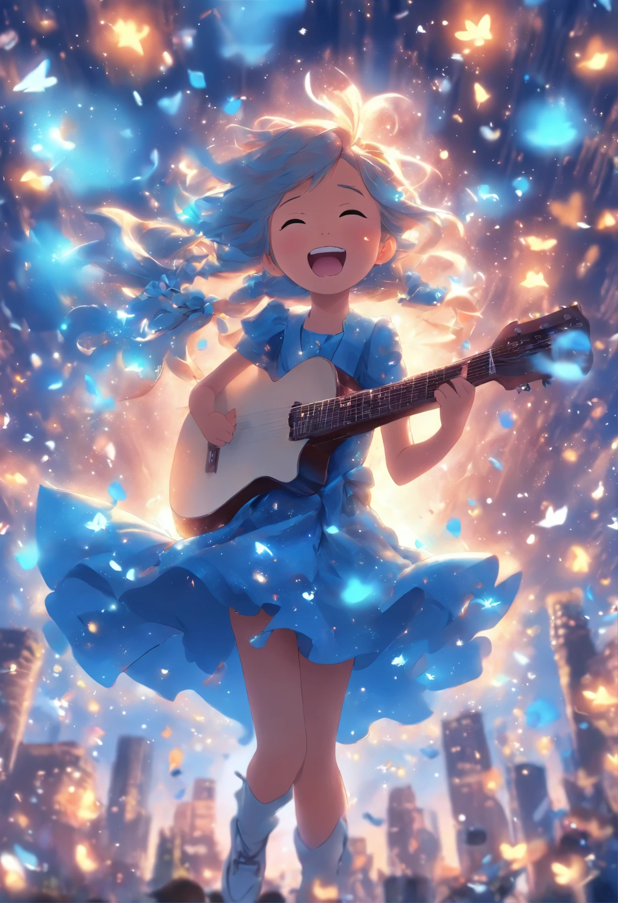 5 years old girl, wears with a blue dress, Sing with a guitar, little blue blossoms are falling all over the sky,