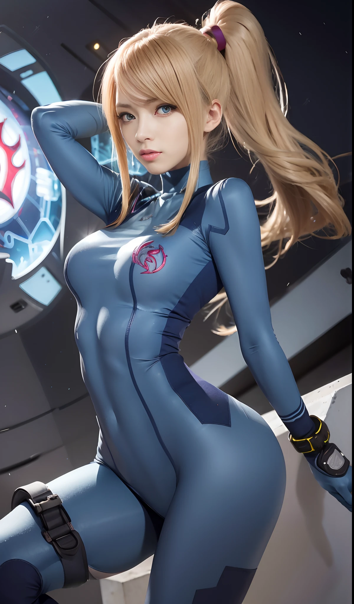 zero suit samus, Blue eyes, waist shot, zero suit, pantyhose