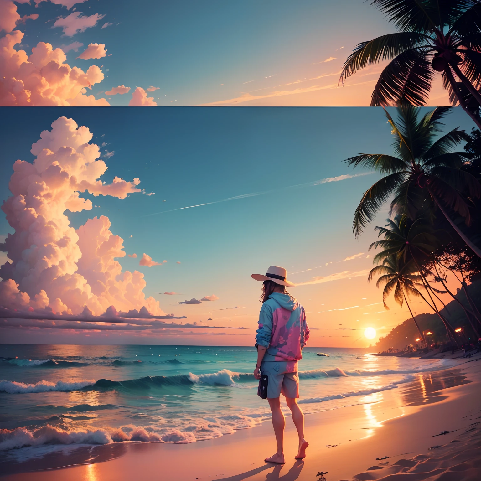 Create the Ipanema beach print at the enchanting sunset in the synthwave style --auto