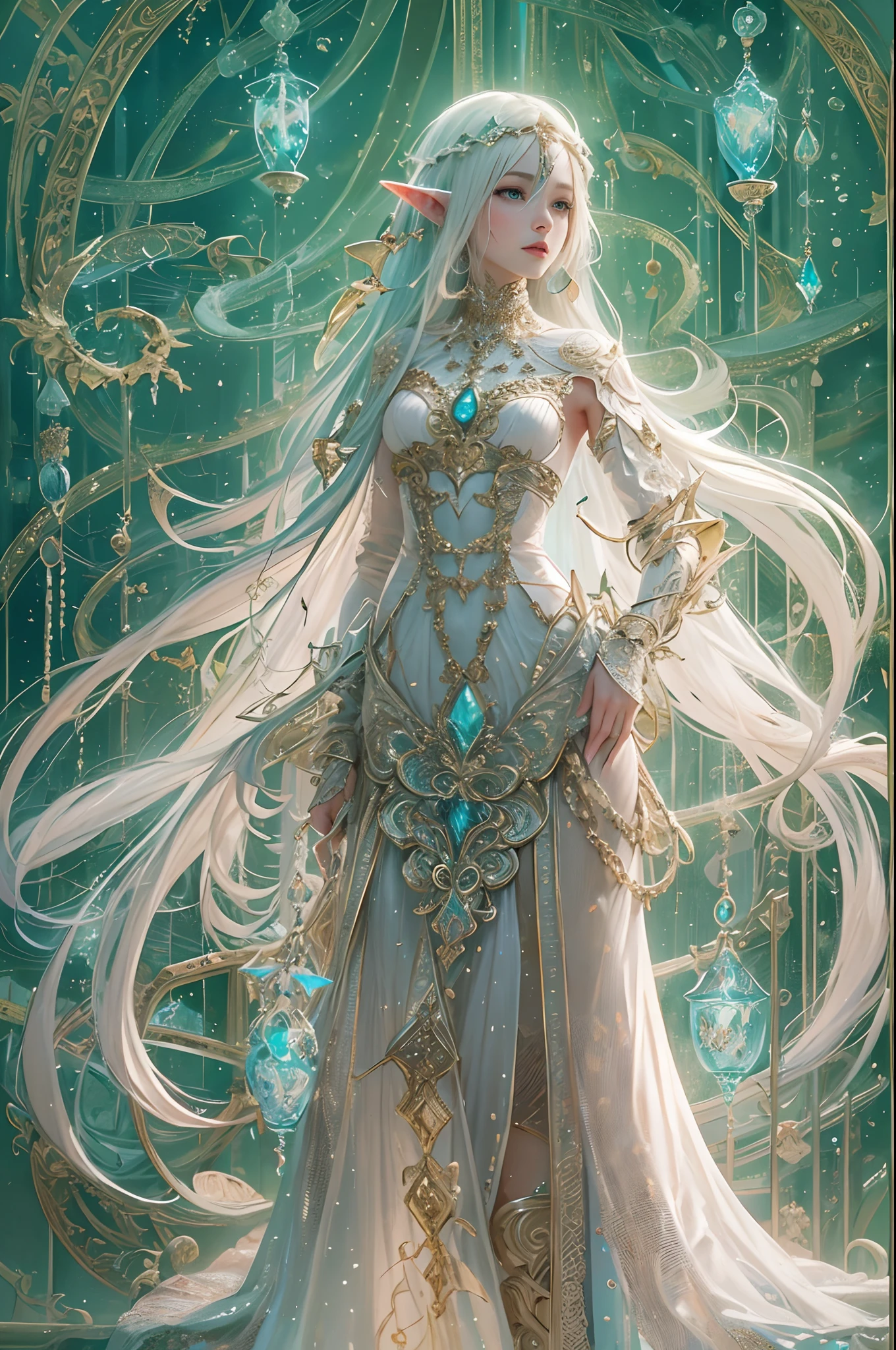 (masterpiece, top quality, best quality, official art, beautiful and aesthetic:1.2), (1 Elf girl), extremely detailed, ornate jewellery, long shapeless hair, (fractal art:1.3),colorful, cinematic illumination, ethereal background. Christmas