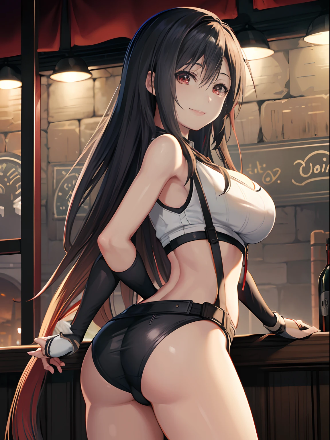 highres,best quality, official art, masterpiece, textile shading,8K,absurdres
,bar counter,tifa lockhart, red_eyes, smile, cowboy shot ,black hair, long hair, looking back, Tifa FF7
