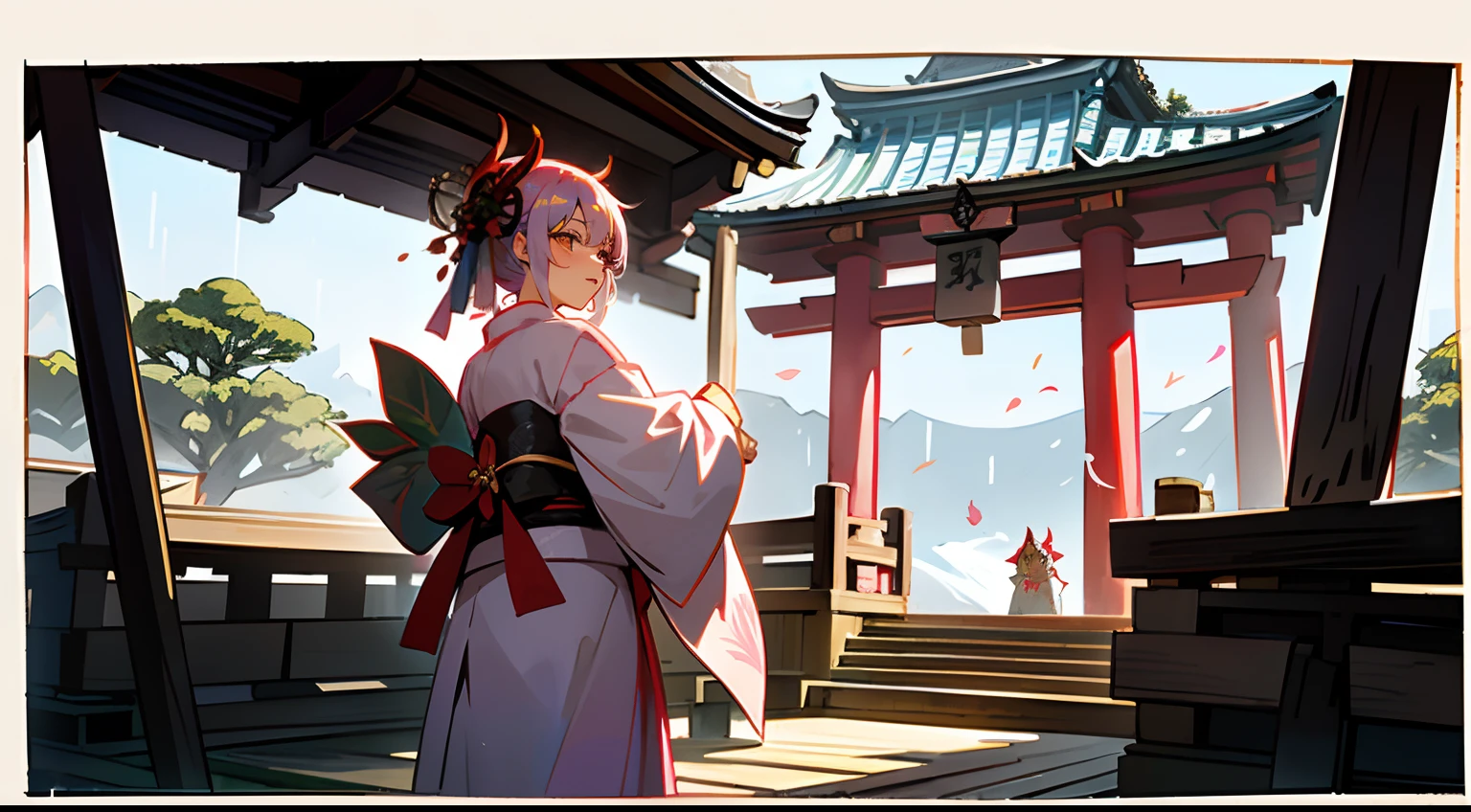 ((An 18-year-old woman wearing a kimono who came to visit the shrine、Find a little dragon abandoned in a cardboard box, Wearing a kimono depicting a dragon rising on gorgeous white fabric,))Little dragon in cardboard box looking at woman in kimono,18-year-old woman in kimono crouches down and stares at dragon,Woman in kimono smiling on screen,View here,Pink Kurdish hair, There is a large bell in the background, Shrine shimenawa and offering box.,Deep snow々and raining,