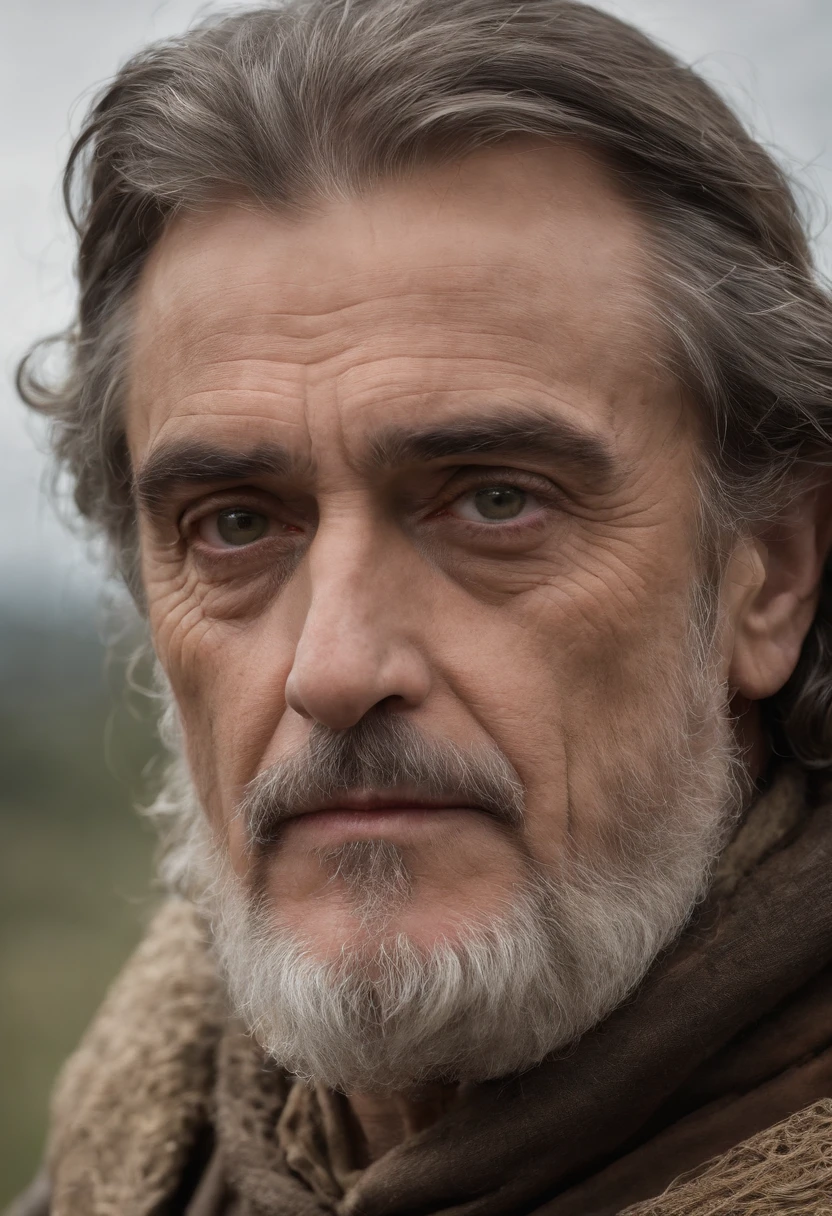 Photographie de portrait, photo of a mix between Jeremy Irons and Ian McShane as a 16-year-old medieval fantasy shepherd, wrinkled, Revolting looks, cheveux courts poivre et sel, barbiche, serious expression, Medieval fantasy shepherd's clothing, in medieval countryside, The colors are masterfully captured by the Nikon D850 and a Nikon AF-S NIKKOR 70-200mm f/2.Objectif 8E FL ED VR, Peter Jackson, fantaisie, historique