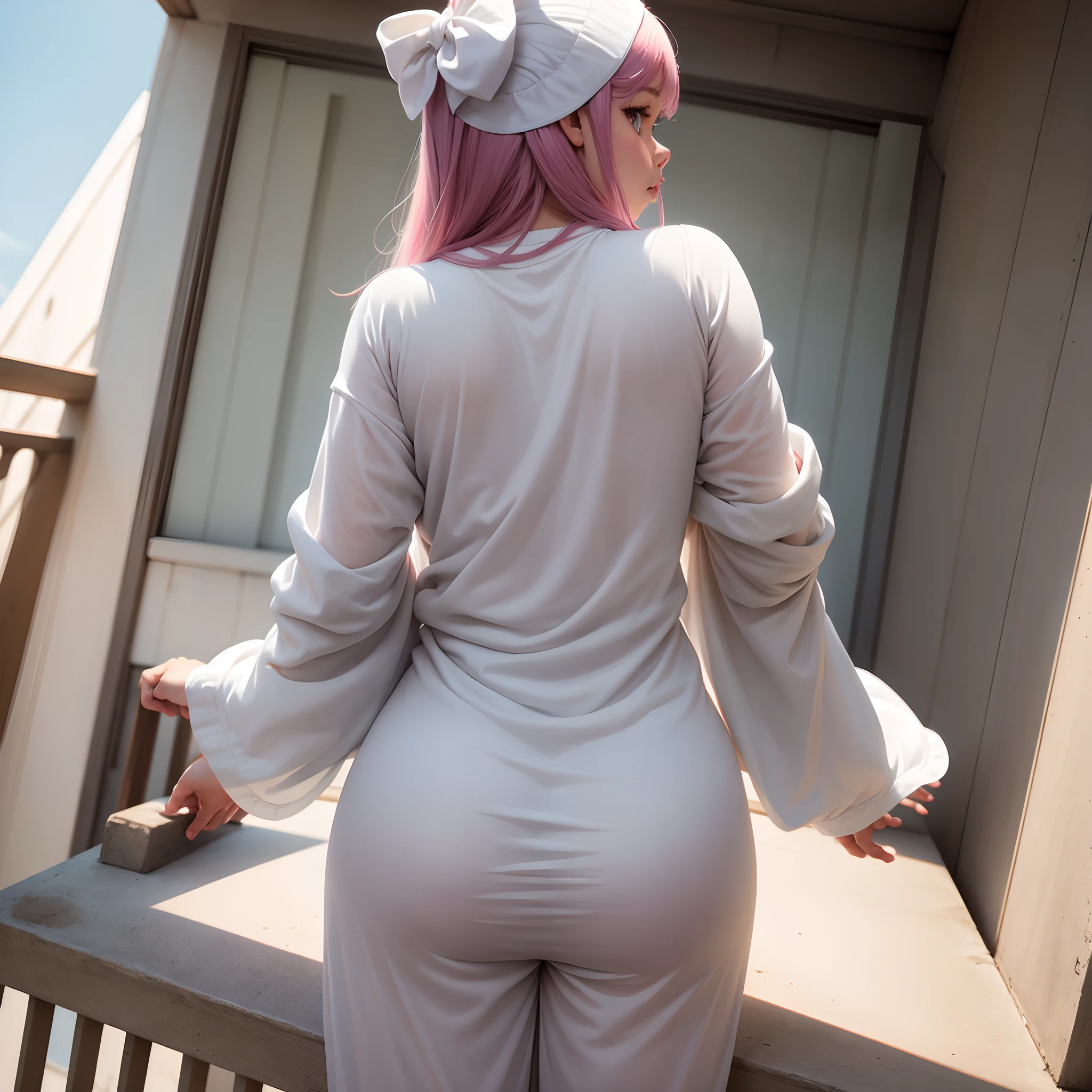 1 girl , back pose , balcony , standing on the balcony , sarilan is fat for height , white pijama