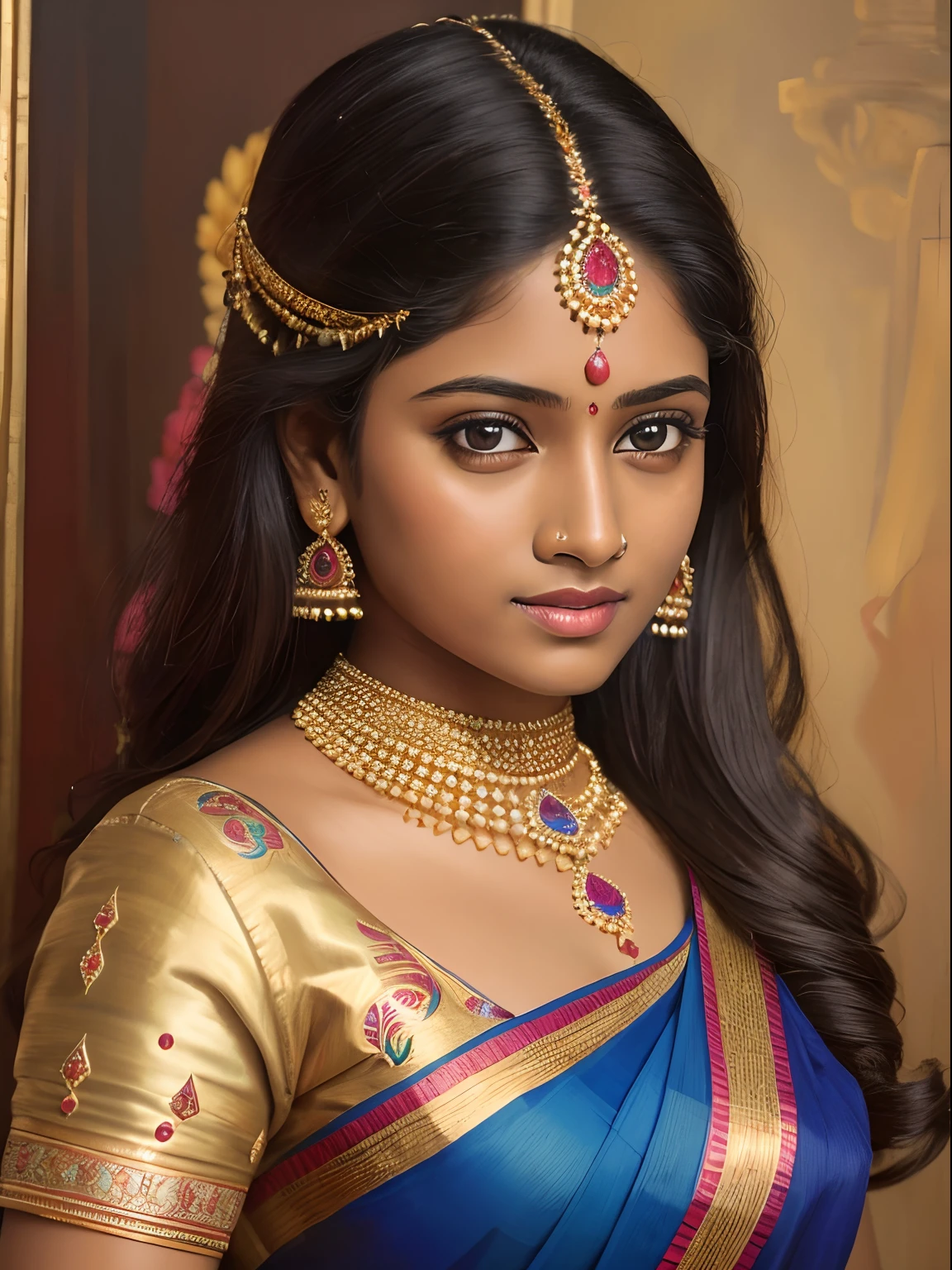 Masterpiece, princess,from Madurai
Medium: oil painting
Additional details: vibrant colors, intricate patterns, detailed jewelry
Image quality: (best quality, highres, realistic:1.37)
Art style: portraits, Indian traditional art
Color palette: rich and colorful
Lighting: soft and warm