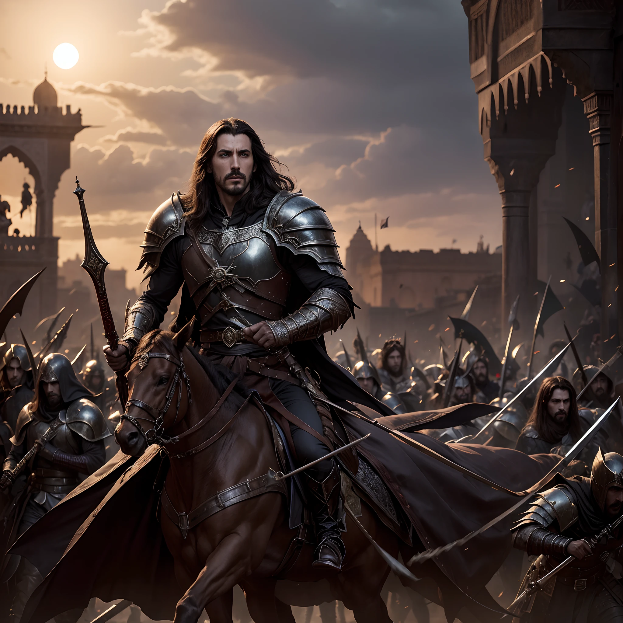Castlevania lord of the shadows hyper realistic Super detailed Master piece high quality Lord Dracula leading army of demons to battle médiéval in moroccan Battlefield Islamic warrior wears hyper realistic Super detailed