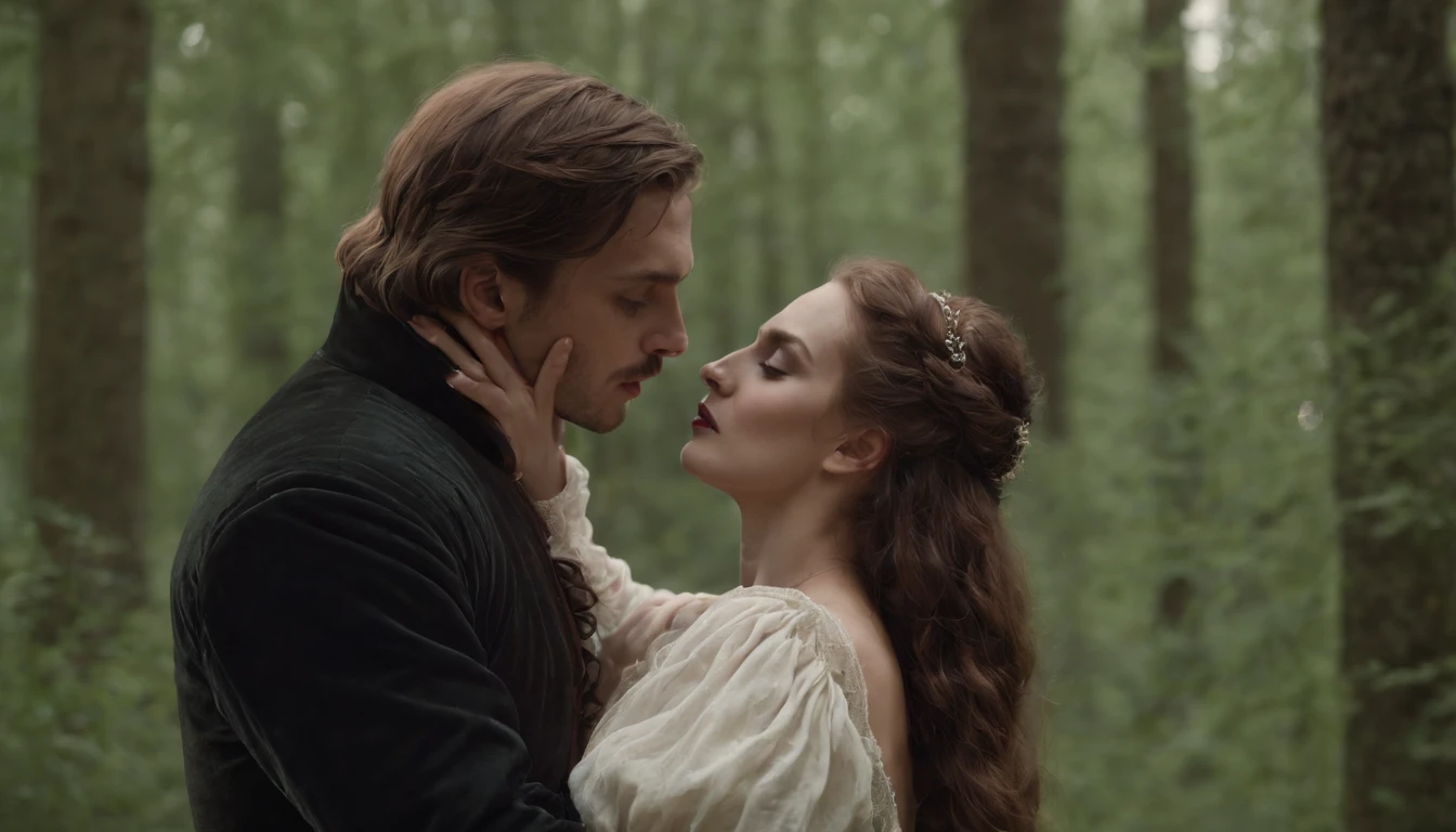 medieval Hungary, gothic, vampire like man leans down to kiss the throat of the pretty girl he is dancing with, forest, night, moon in sky, eerie, mystical, cinematic, ultra-detailed complex, 3d, scene from film