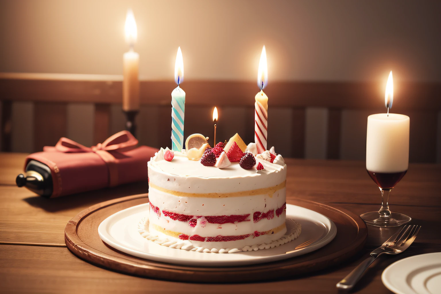 birthday cake、On a beautiful table、Wine in a glass、high-level image quality、8k