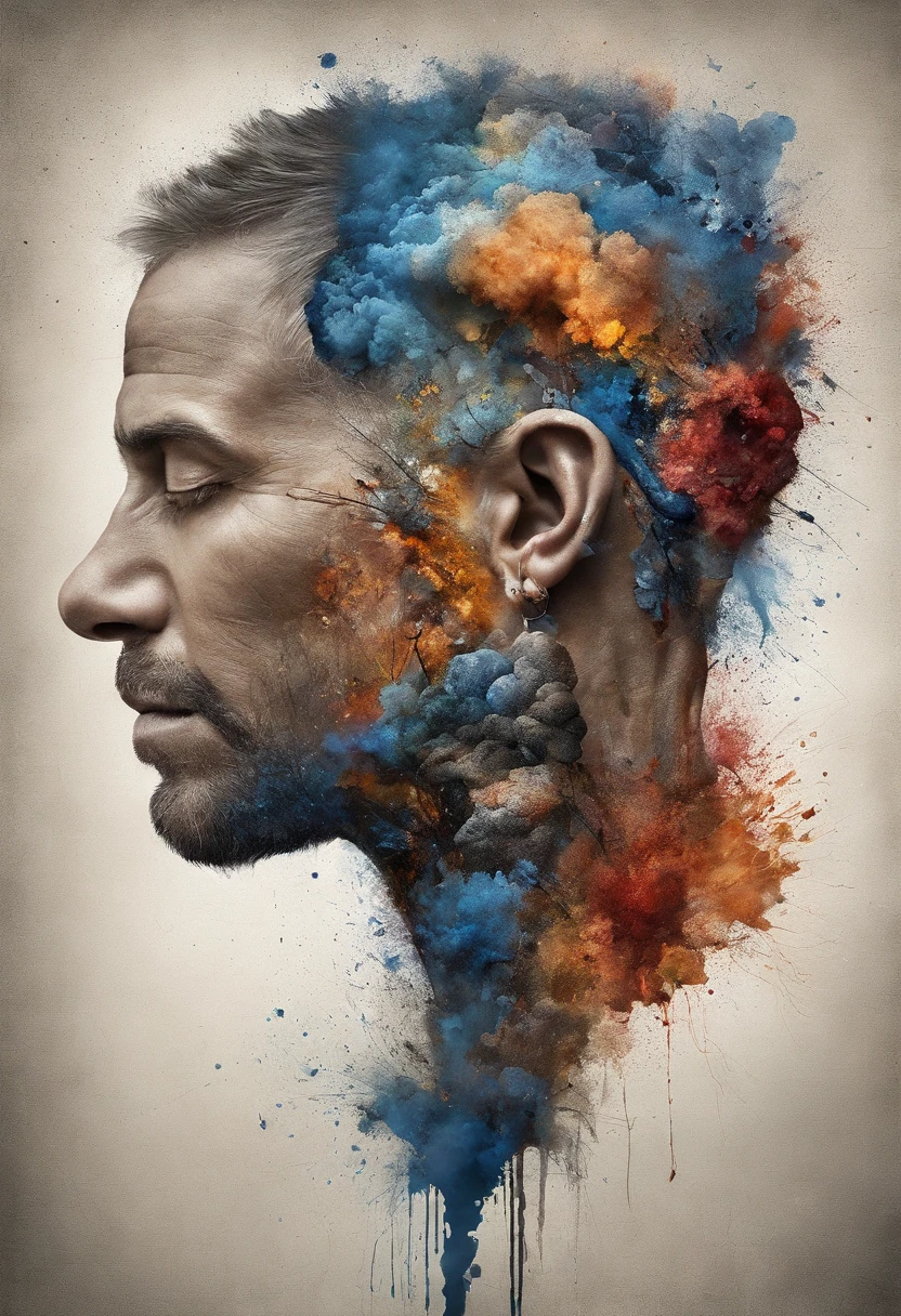 Rompecabezas 3D , buena apariencia  , pelirrojo, Ojiva explosiva, Machine parts embedded in the face, volatile, inspirado por Igor Morski, dramatic artwork, photomanipulation, photo manipulation, disintegration,, Explosion of data fragments, Hum, Arte oficial, Incredible high details, Arte de Photoshop, Efecto ruido, azul oscuro