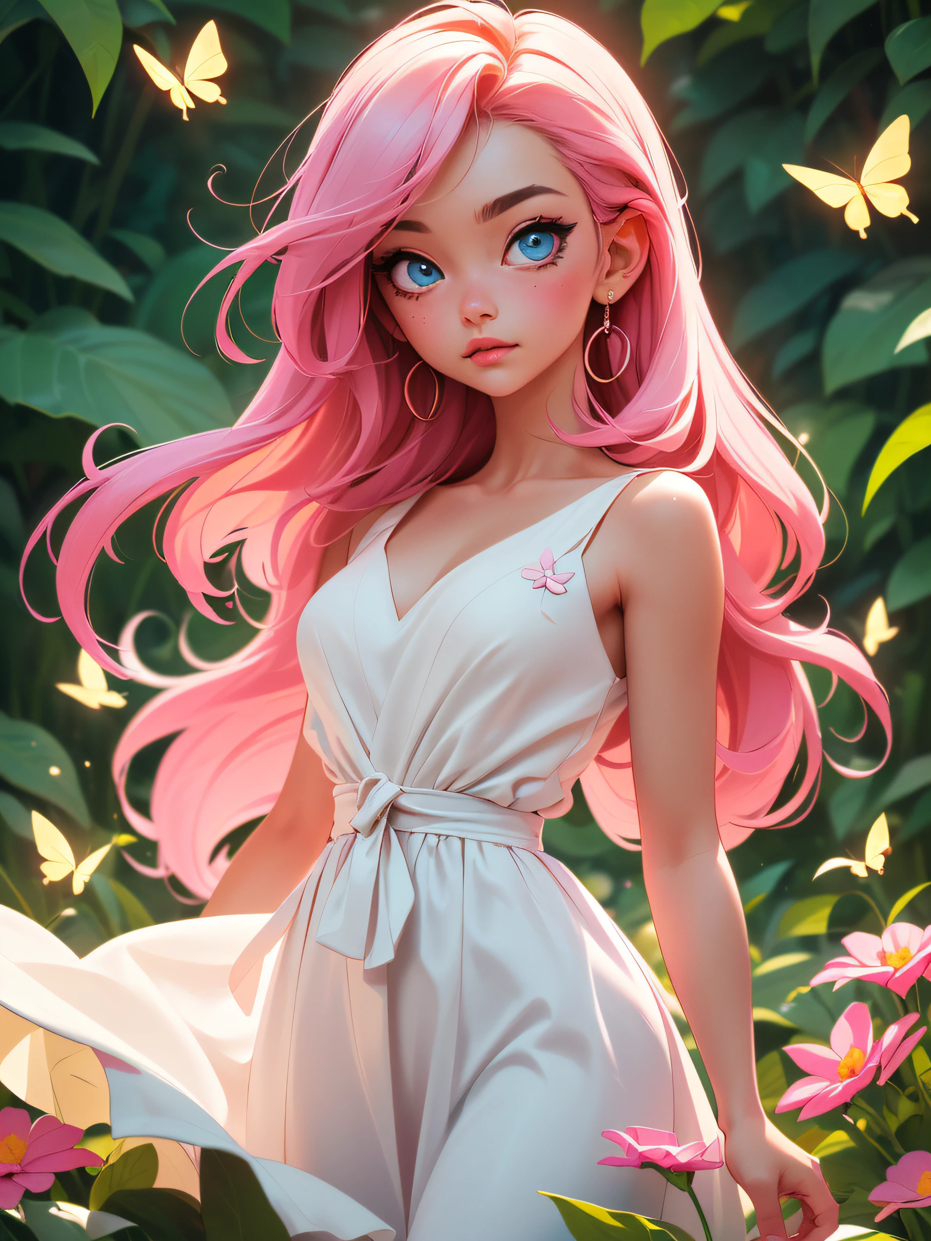 ((a close body portrait of a cute beautiful girl)), ((enjoying her time at the colorful flower garden)), ((she wears a long white dress)), ((long light pink straight hair), (blue eyes) and (1 flower on her right ear)), ((the area is filled with colorful flowers and colorful butterflies)), capture her beauty and the scene in an expression style, high quality, best quality, best lighting effects, 8K, HD