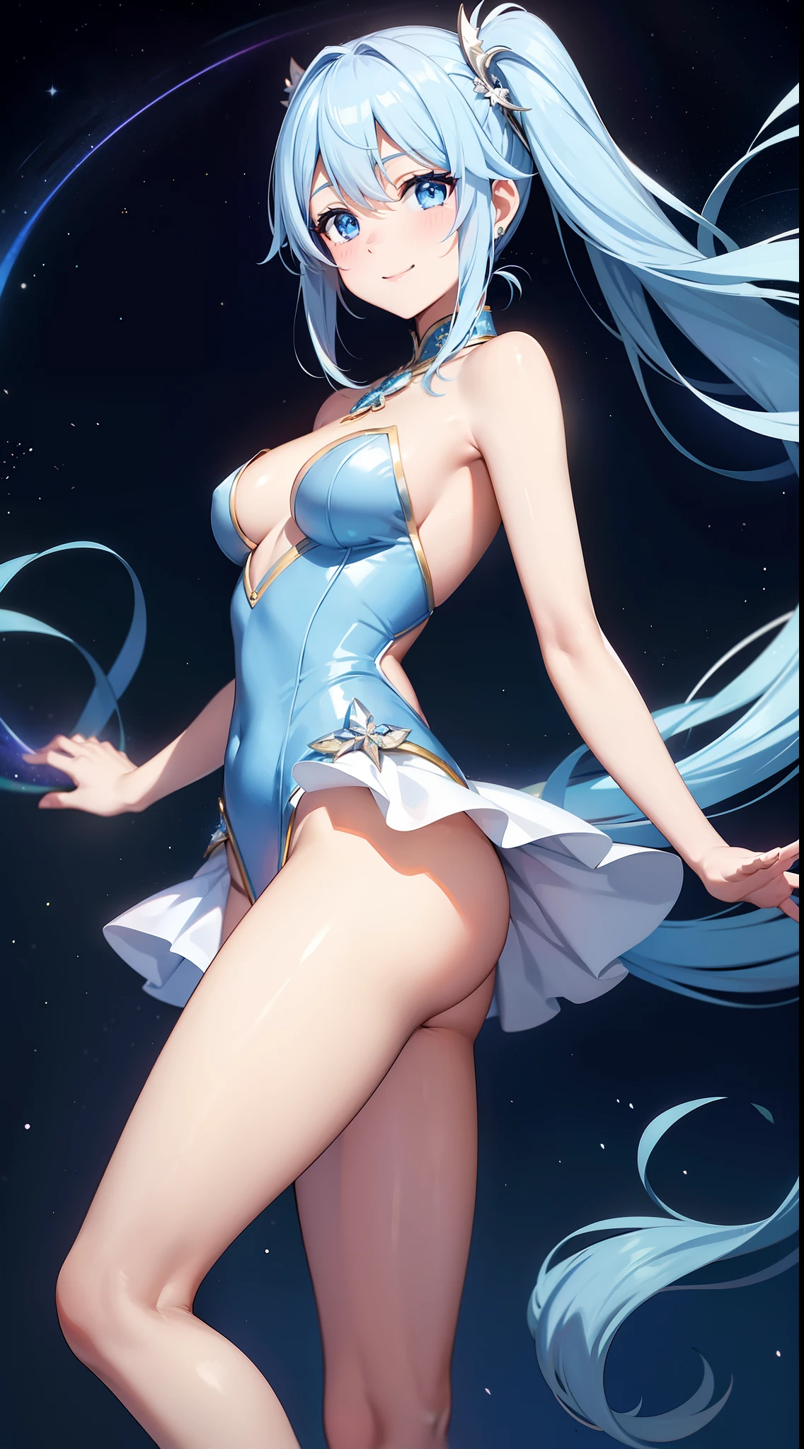 Super Idol　a beauty girl　A charming smile　sky blue hair　length hair　Facing straight ahead　Twin-tailed　Glittering white leotard costume　Mystical　Fantasia　constellation　a moon　Crystal Brilliance　Aurora Borealis in the Night Sky