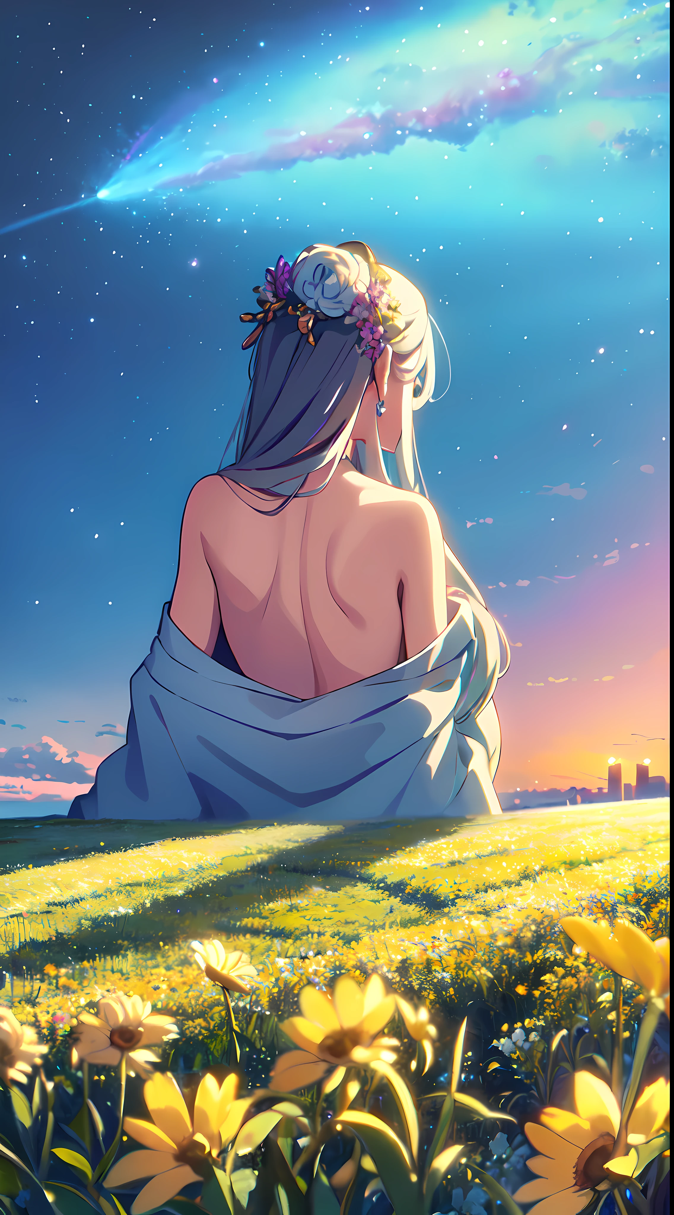 masterpiece, best quality, 1lady, solo, (really long hair), white hair, (flowers hair ornament), earrings, night, Vast sky, beautiful skyline, fireflies, fantasy, off shoulder blue dress, medium bust, night scenery, (behind/back view), wheat field, close up