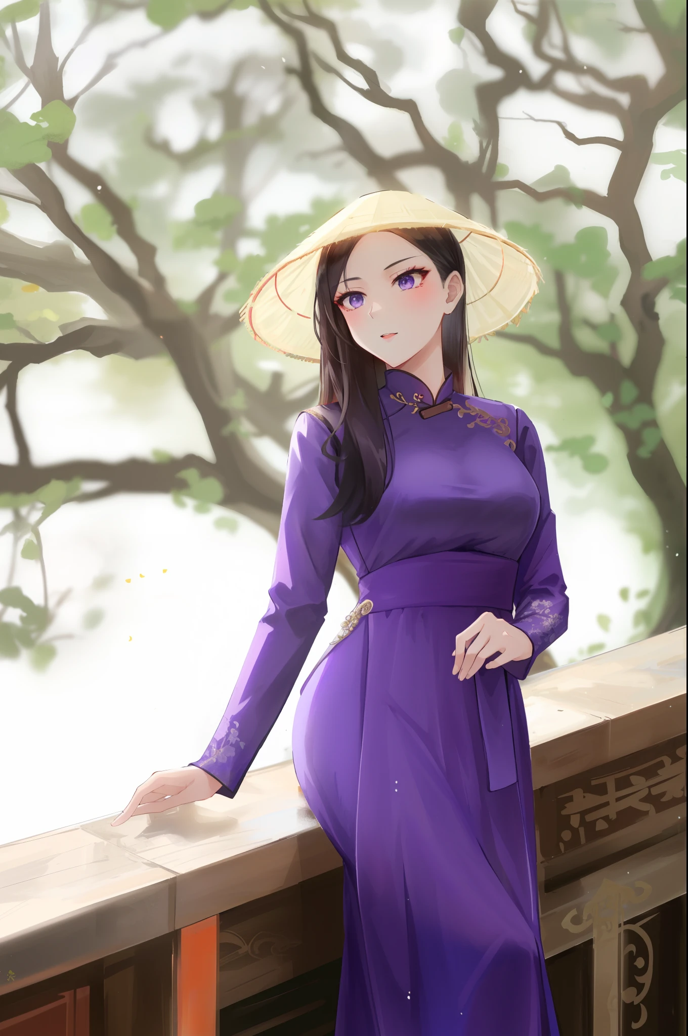 a woman in a purple dress and a hat posing for a picture, ao dai, vietnamese woman, in style of lam manh, mai anh tran, asian woman, beautiful asian girl, asian women, purple dress, asian girl, traditional beauty, lovely woman, beautiful asian woman, an asian woman, traditional, traditional dress, dang my linh, traditional clothes