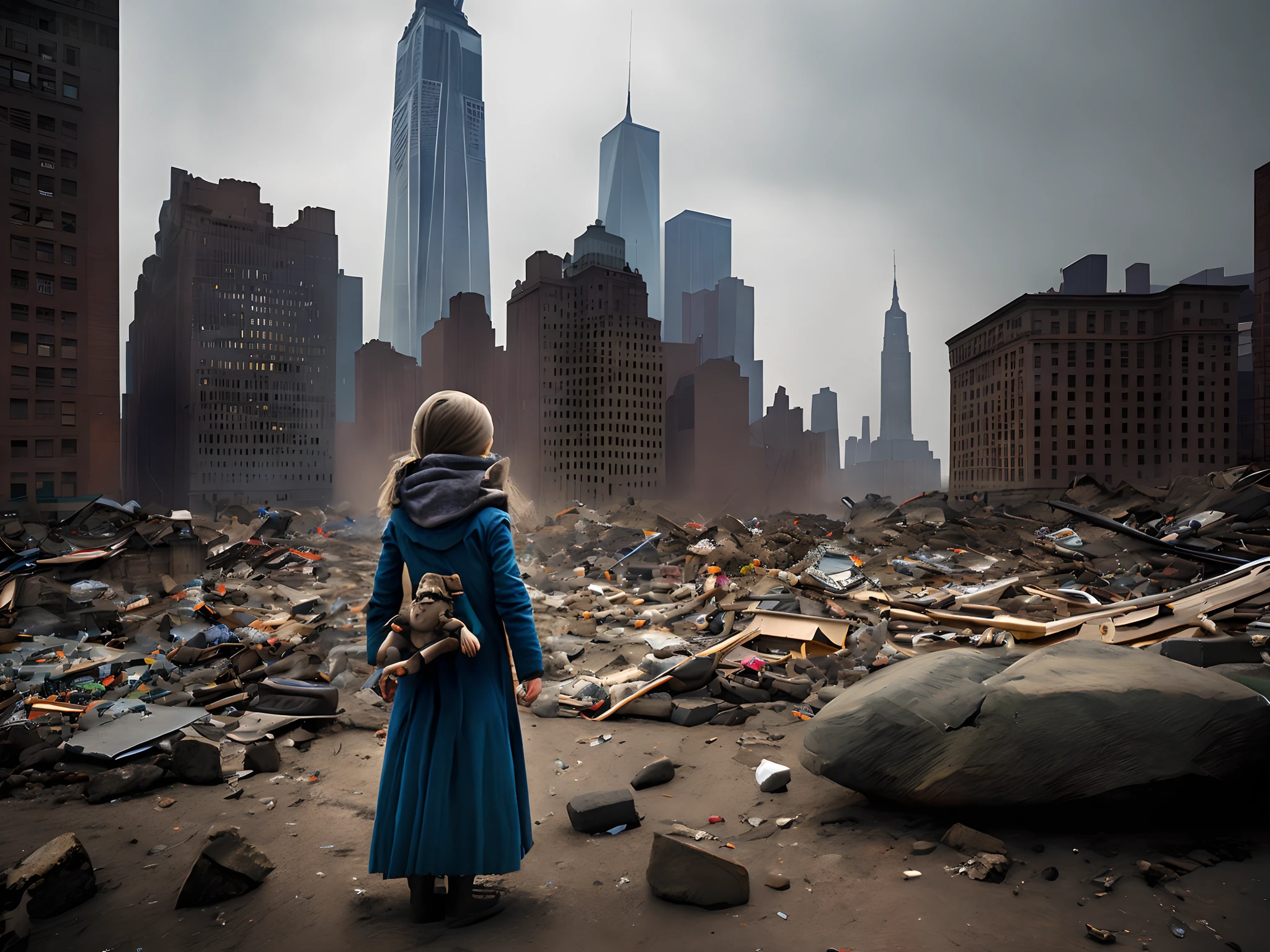 un girl holding a doll and standing on the ground looking to post-apocalytic city, realistic photography, true story, cinematic lighting, rays ligh, fog, ruins of building, dramatic moment, tank demaged other side, very wide view, dynamic composition, 128k resolution, UHD