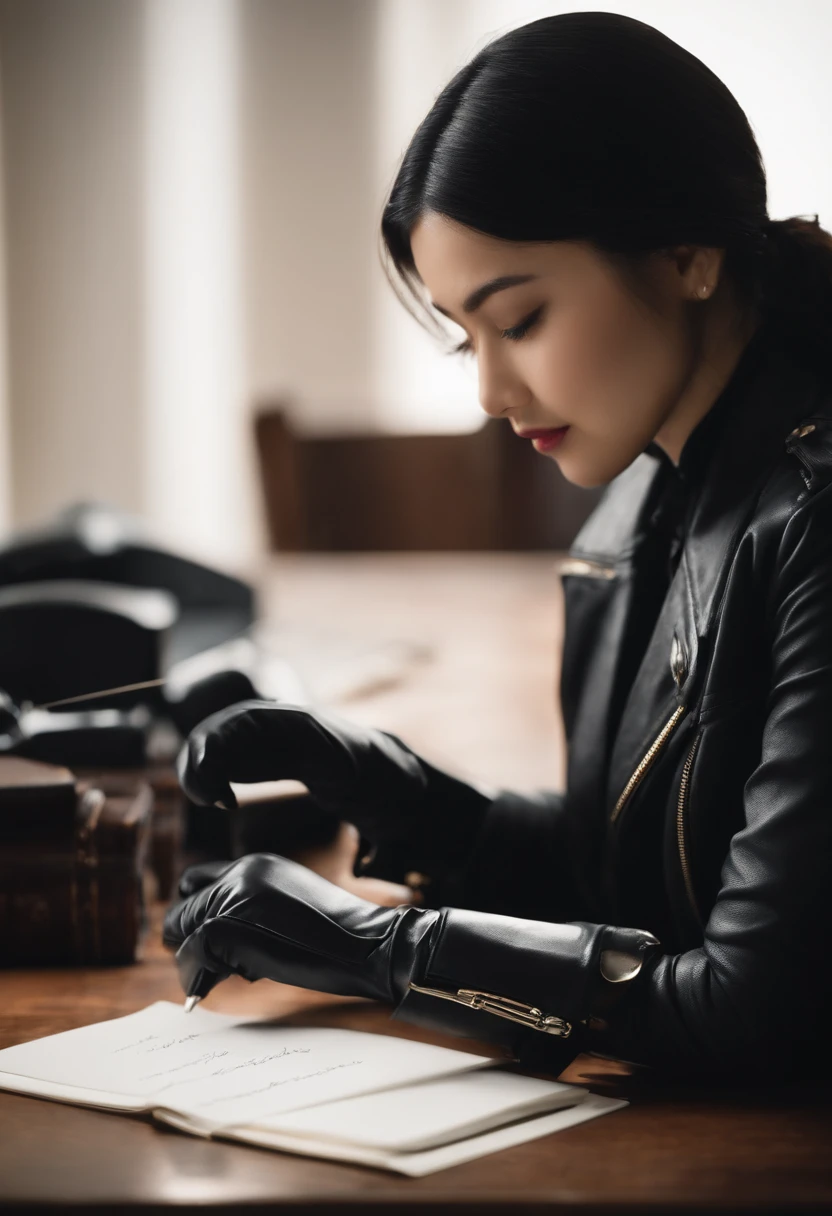 Wearing black leather gloves on both hands, Upper body, Black Leather Riders Jacket, Facing the desk in the study, Look down and smile, Use a fountain pen to write a letter, Black hair long straight, Young japanese lady (Black leather gloves cover both hands)