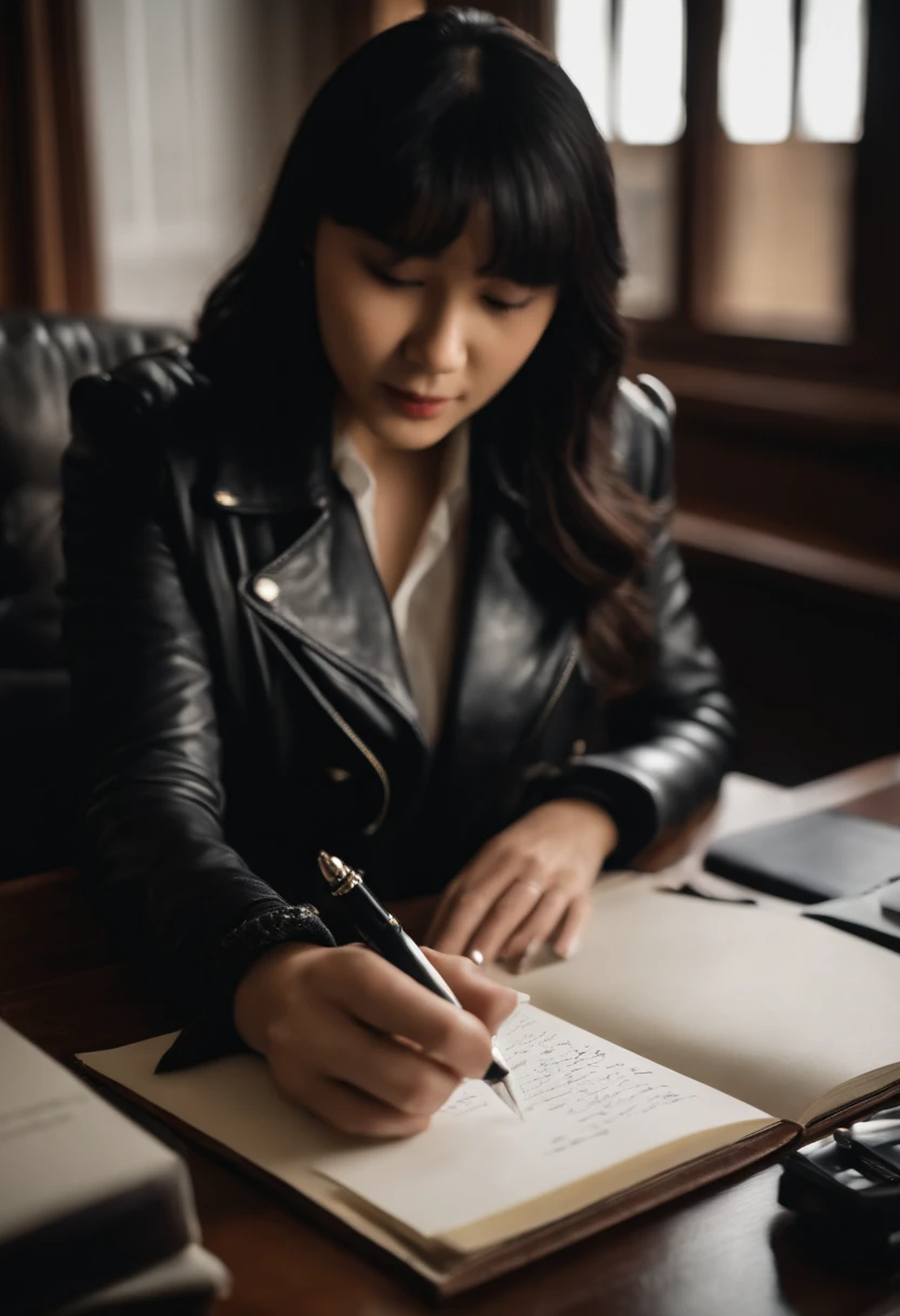 Wearing black leather gloves on both hands, Upper body, Black Leather Riders Jacket, Facing the desk in the study, Look down and smile, Use a fountain pen to write a letter, Black hair long straight, Young japanese lady (Black leather gloves cover both hands)