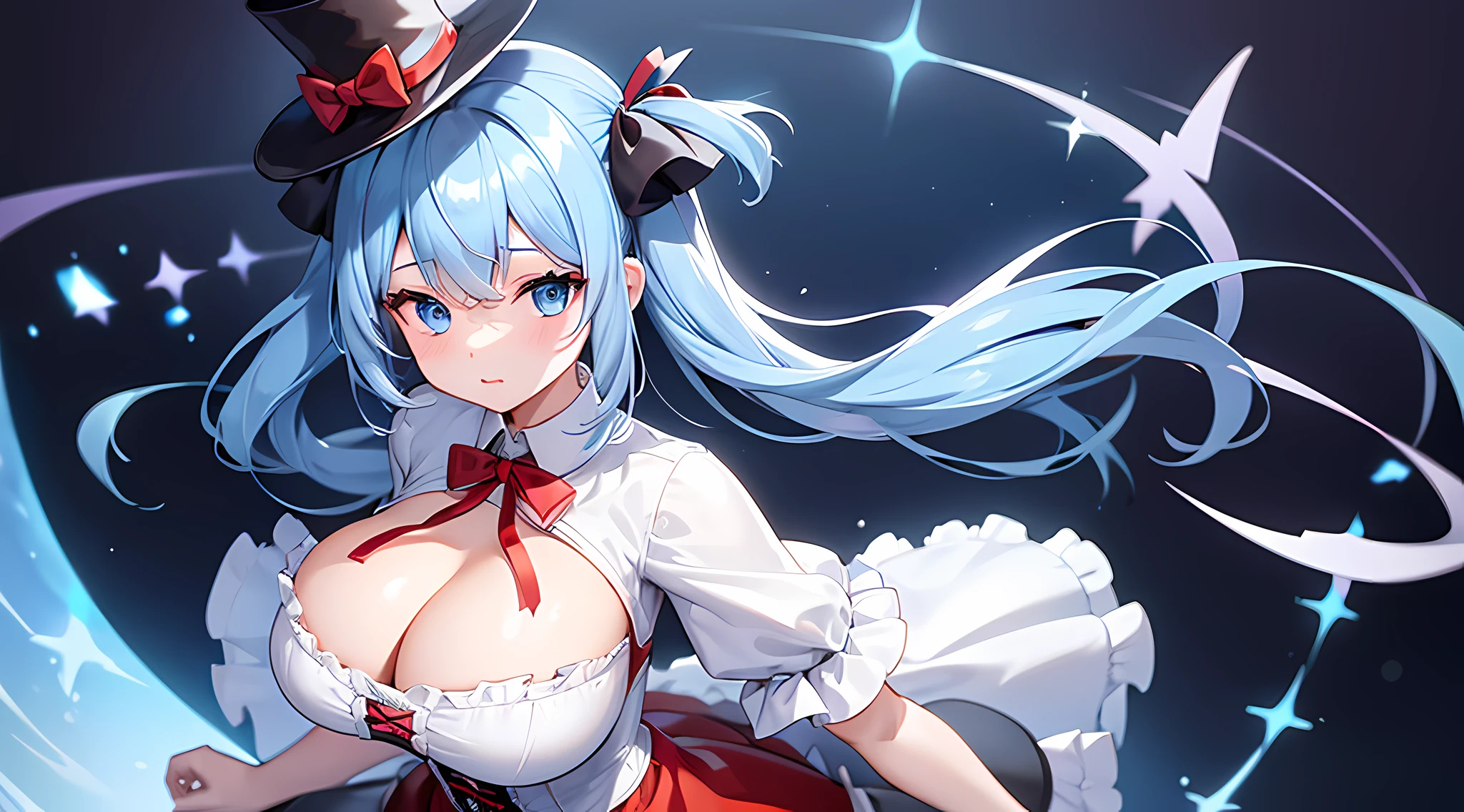 1 girl, game CG, frilled white shirt, short red skirt, cloak, top hat, neck ribbon, gigantic breasts, light blue hair, middle hair, two side up, blue eyes, Halloween background,