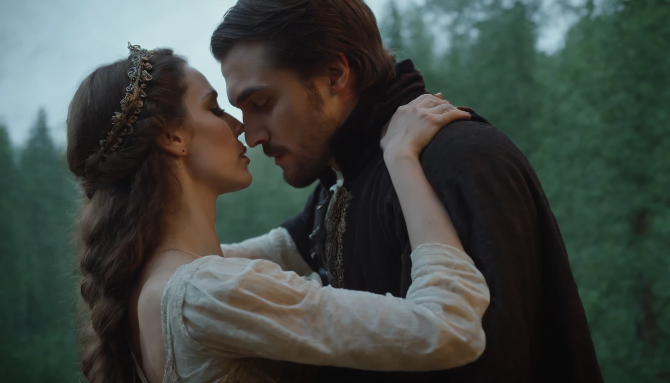medieval Hungary, gothic, vampire like man leans down to kiss the throat of the pretty girl he is dancing with, forest, night, darkness, moon in sky, eerie, mystical, cinematic, ultra-detailed complex, 3d, scene from film
